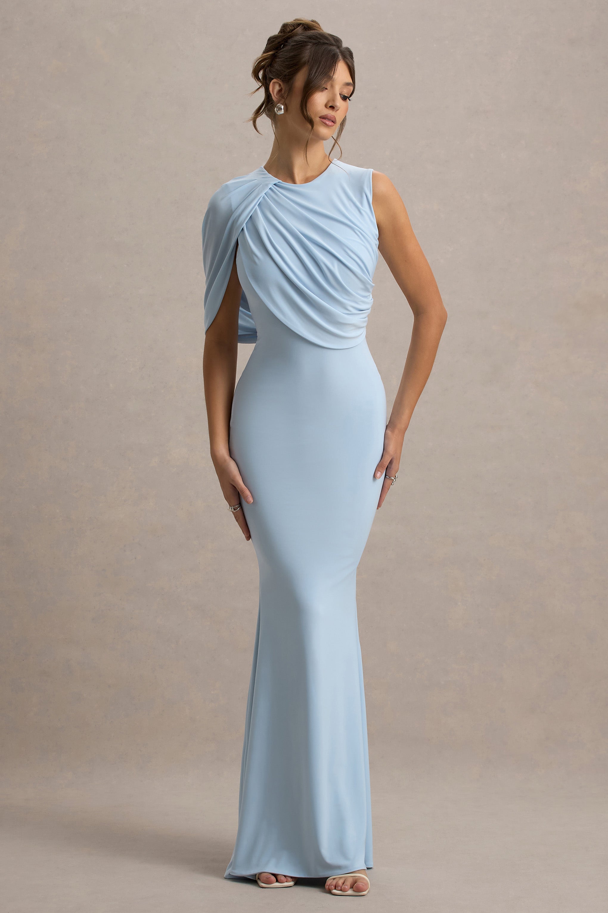 Rae | Powder Blue Maxi Dress With One-Sleeve Cape-Sowoom