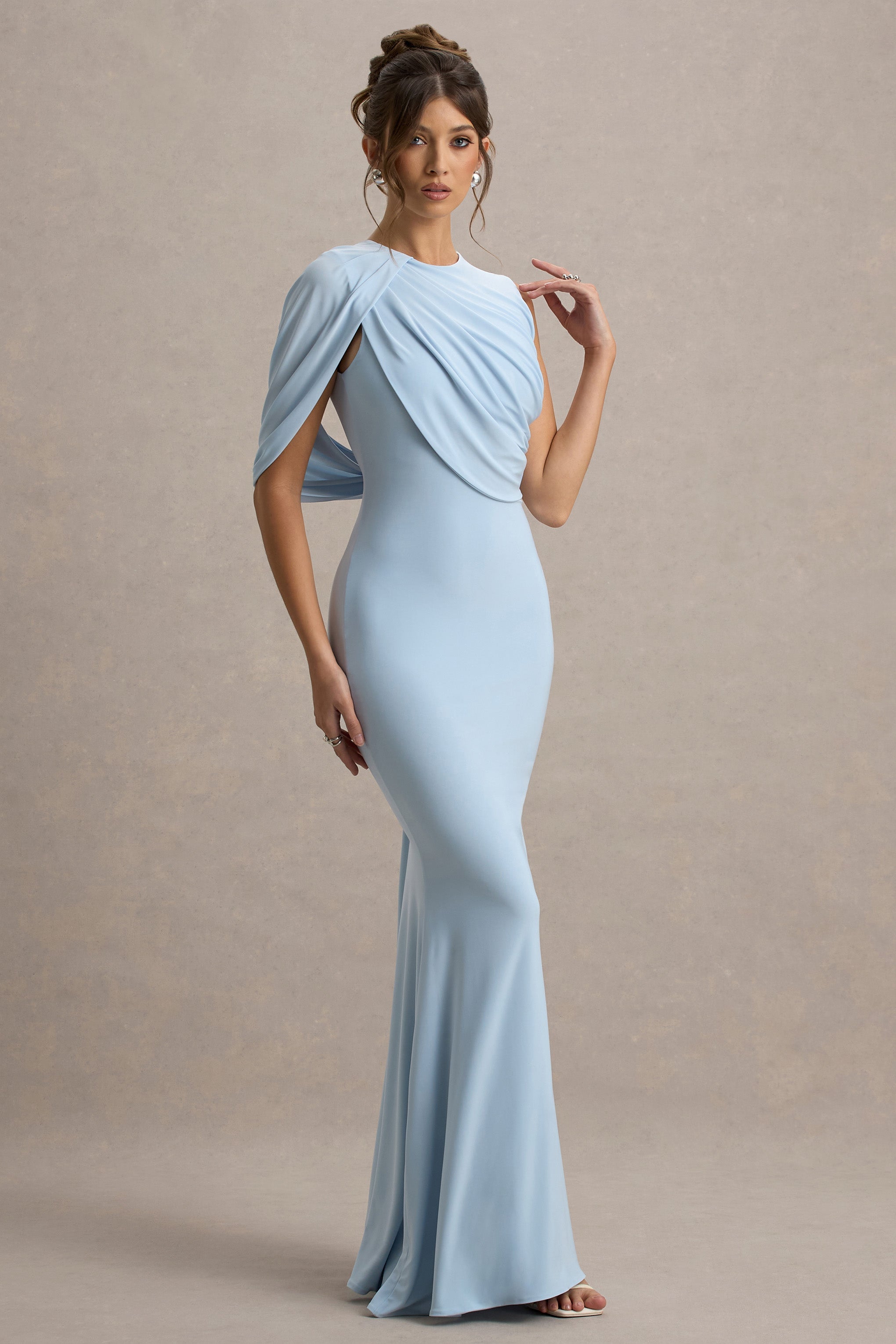 Rae | Powder Blue Maxi Dress With One-Sleeve Cape-Sowoom