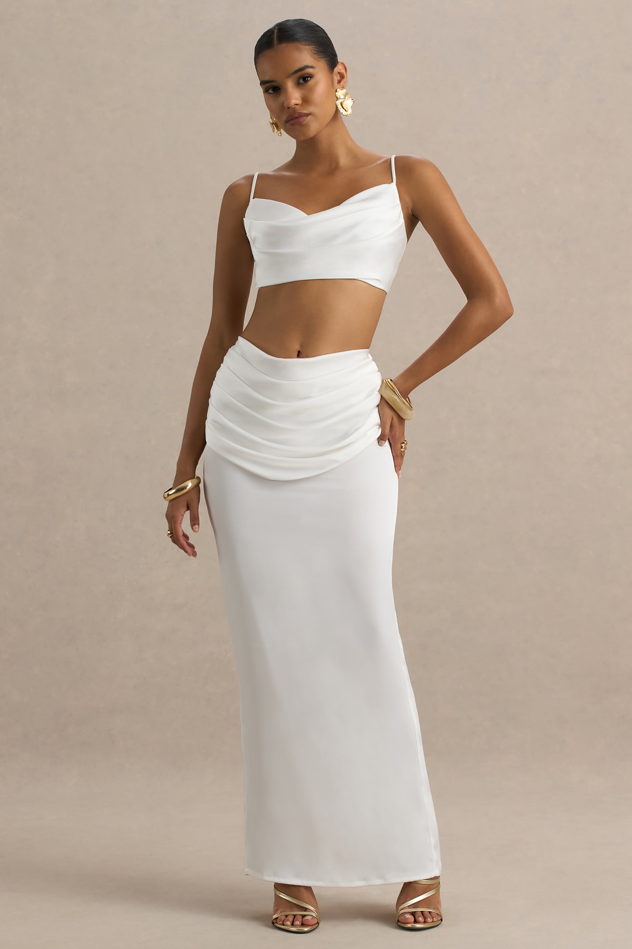 Rosita | White Ruched Maxi Skirt-Sowoom