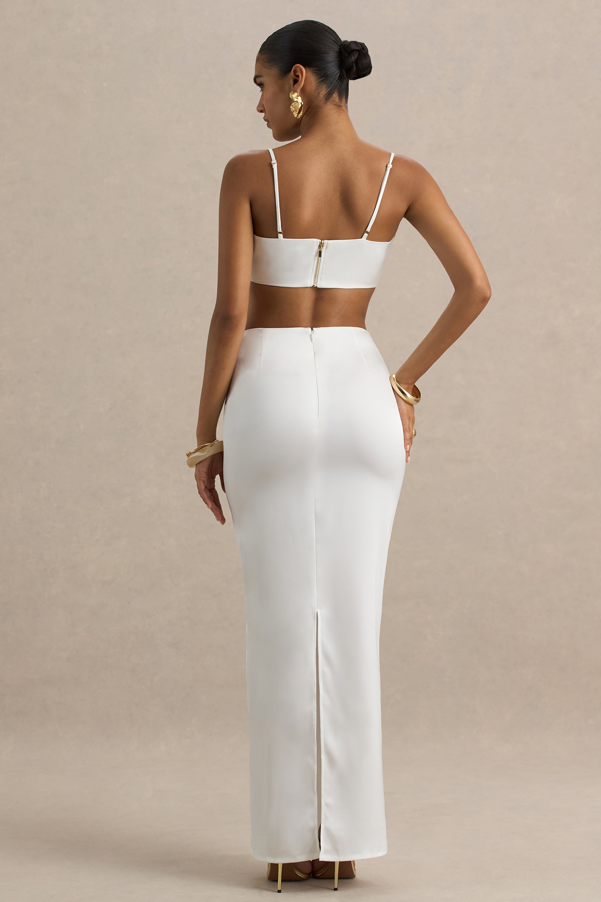 Rosita | White Ruched Maxi Skirt-Sowoom