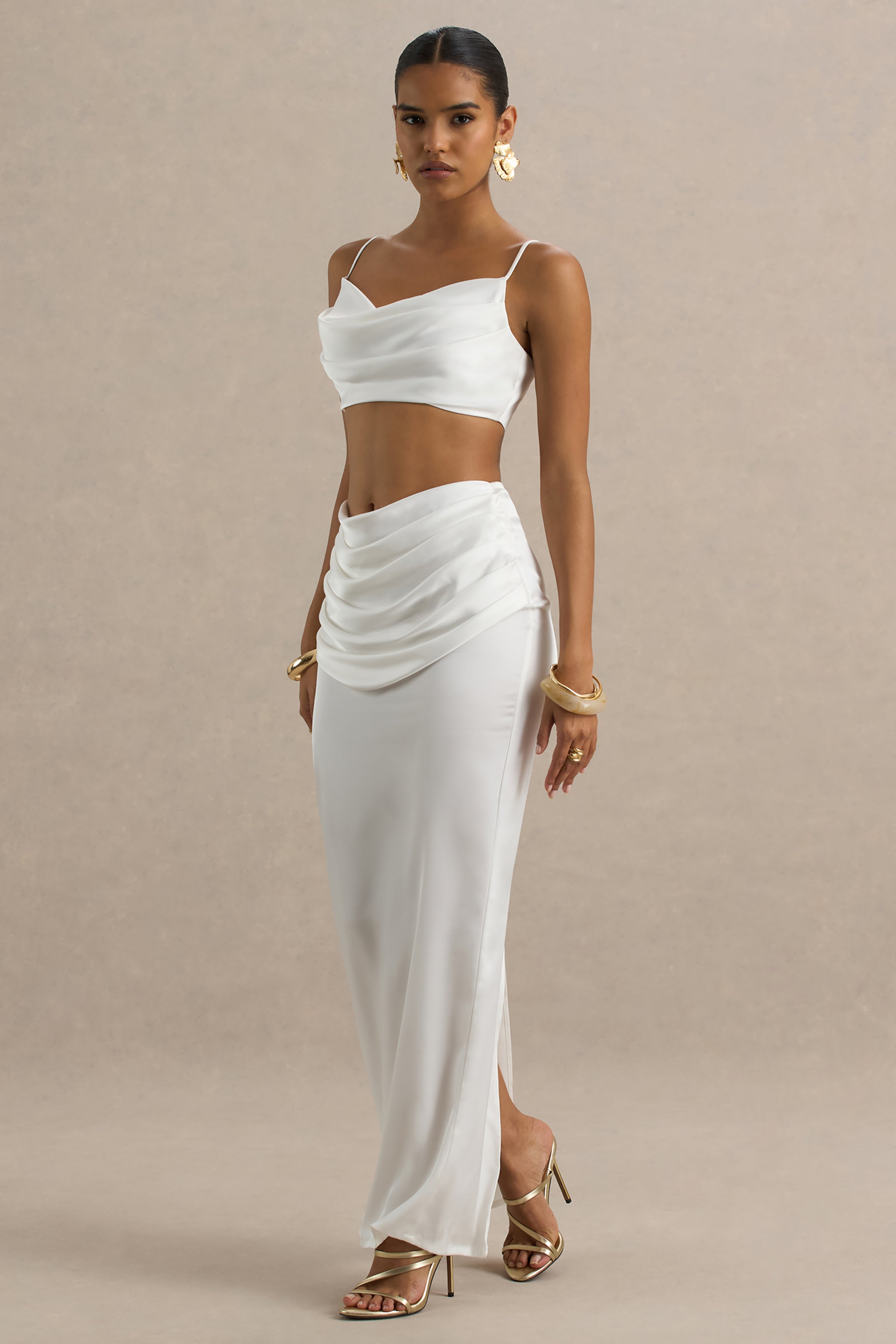 Rosita | White Ruched Maxi Skirt-Sowoom