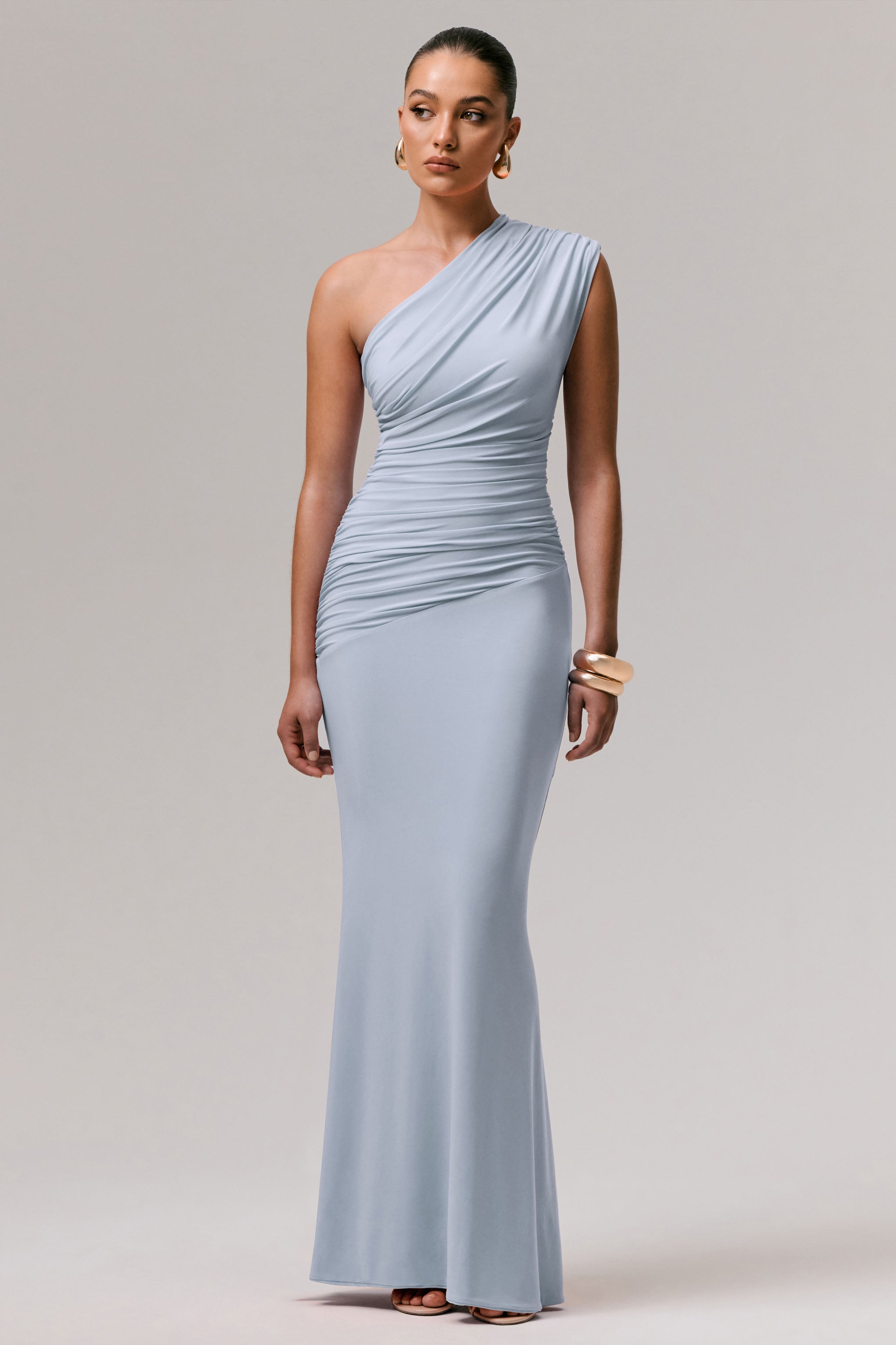 Mardi | Powder Blue Asymmetric Maxi Dress With Ruching-Sowoom