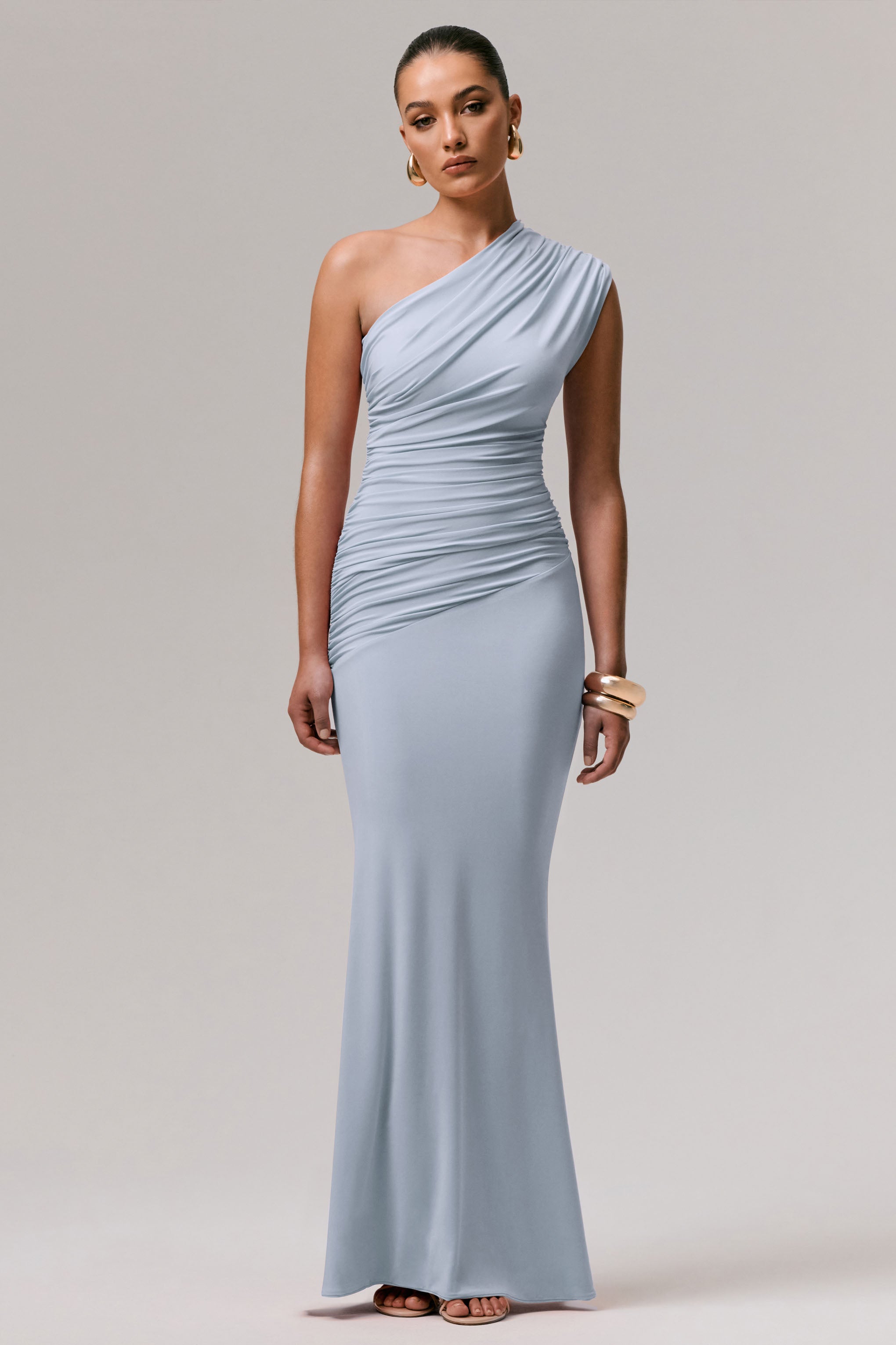 Mardi | Powder Blue Asymmetric Maxi Dress With Ruching-Sowoom