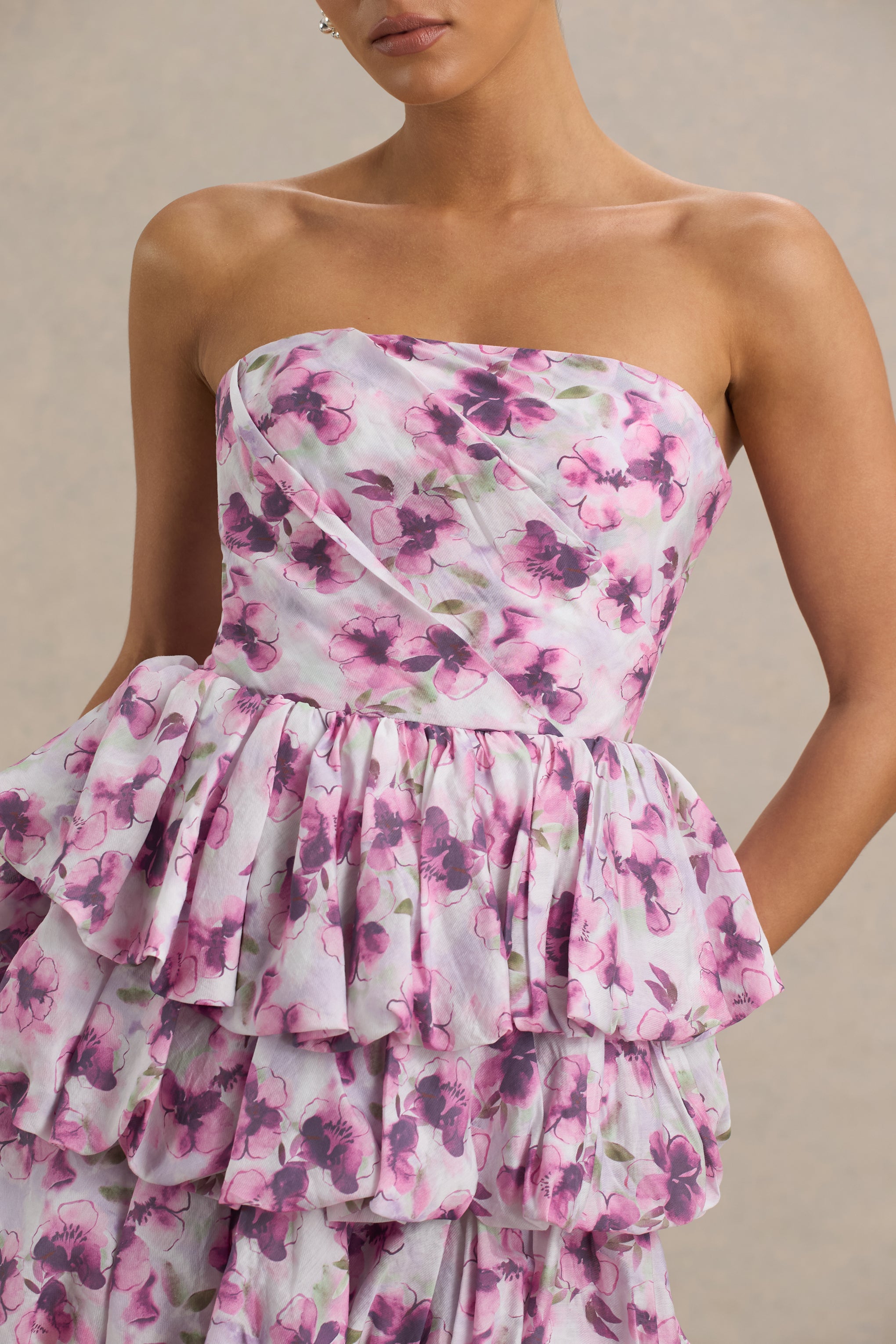 Swirl | Cream Floral Print Bandeau Puffball Mini Dress With Ruffle Detail-Sowoom