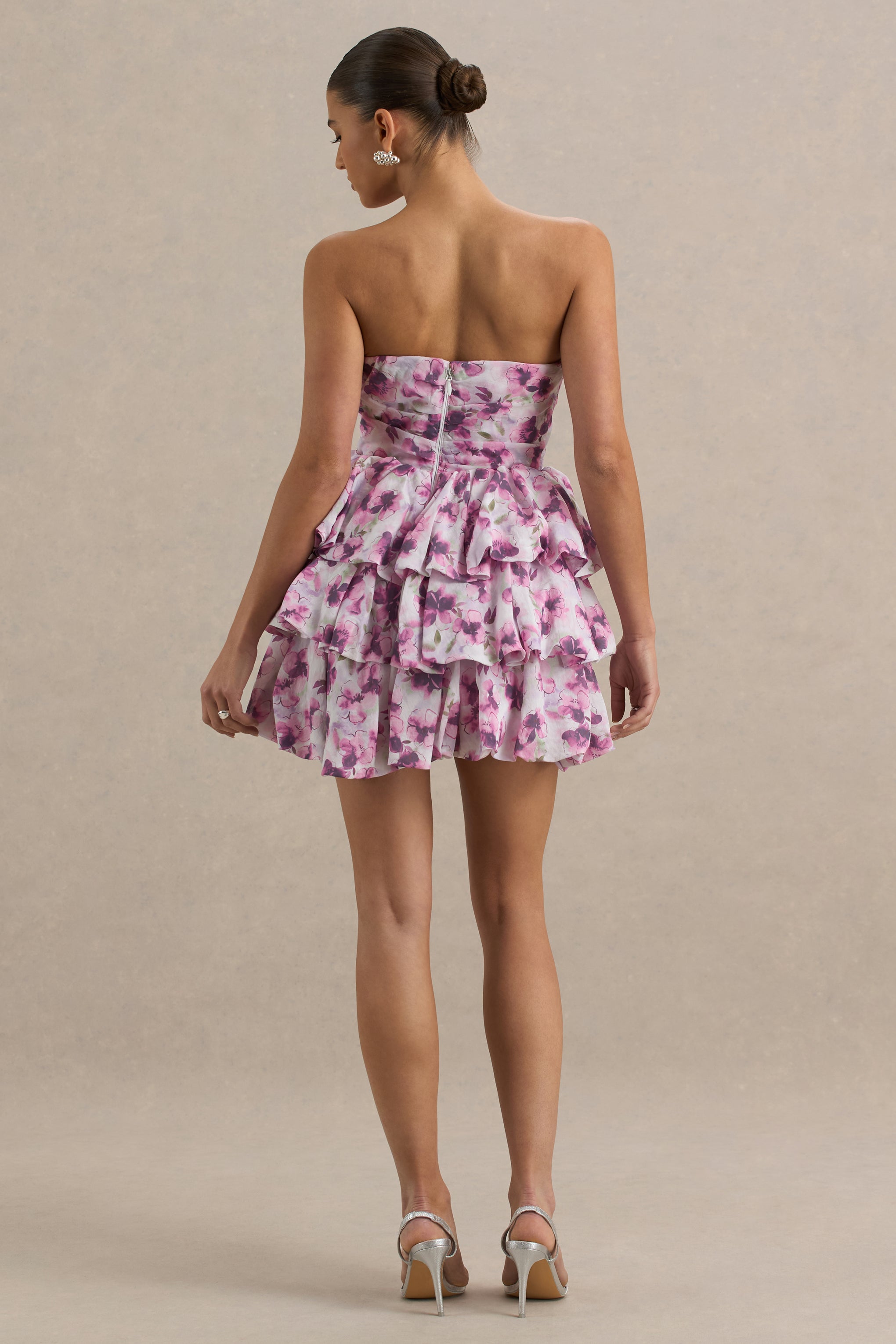 Swirl | Cream Floral Print Bandeau Puffball Mini Dress With Ruffle Detail-Sowoom