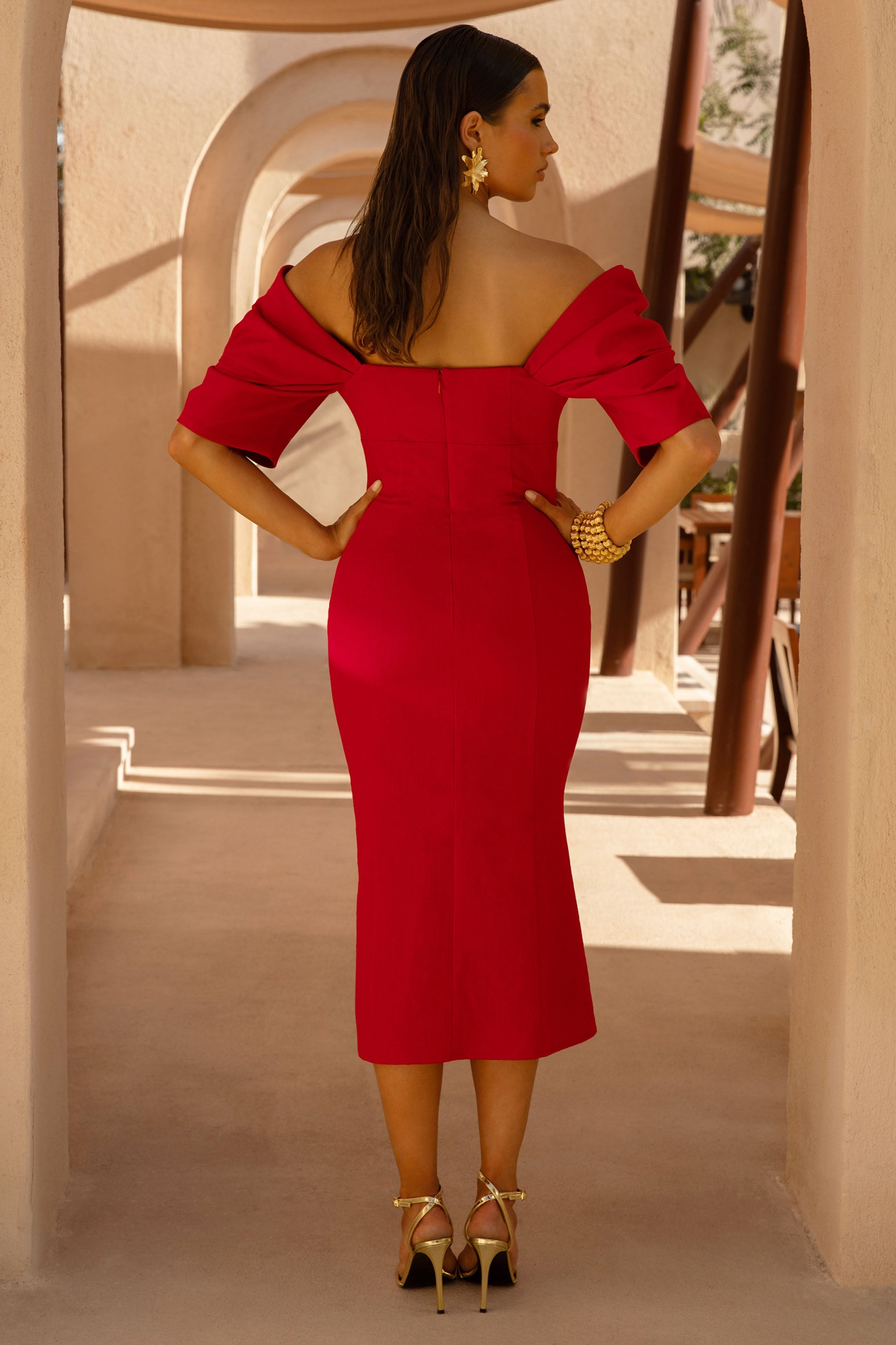 Fiona | Red Plunge-Neck Split Midi Dress-Sowoom