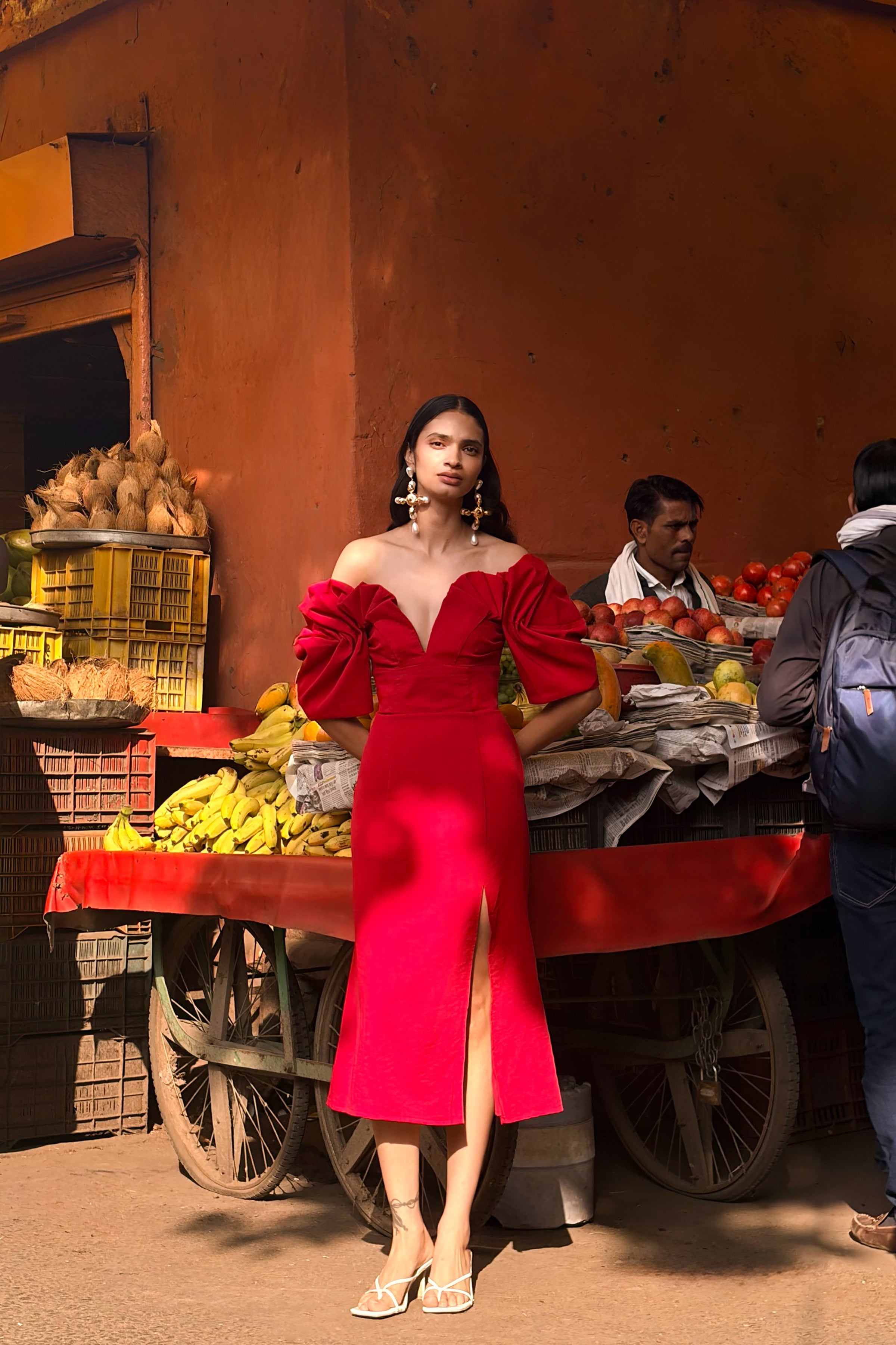 Fiona | Red Plunge-Neck Split Midi Dress-Sowoom
