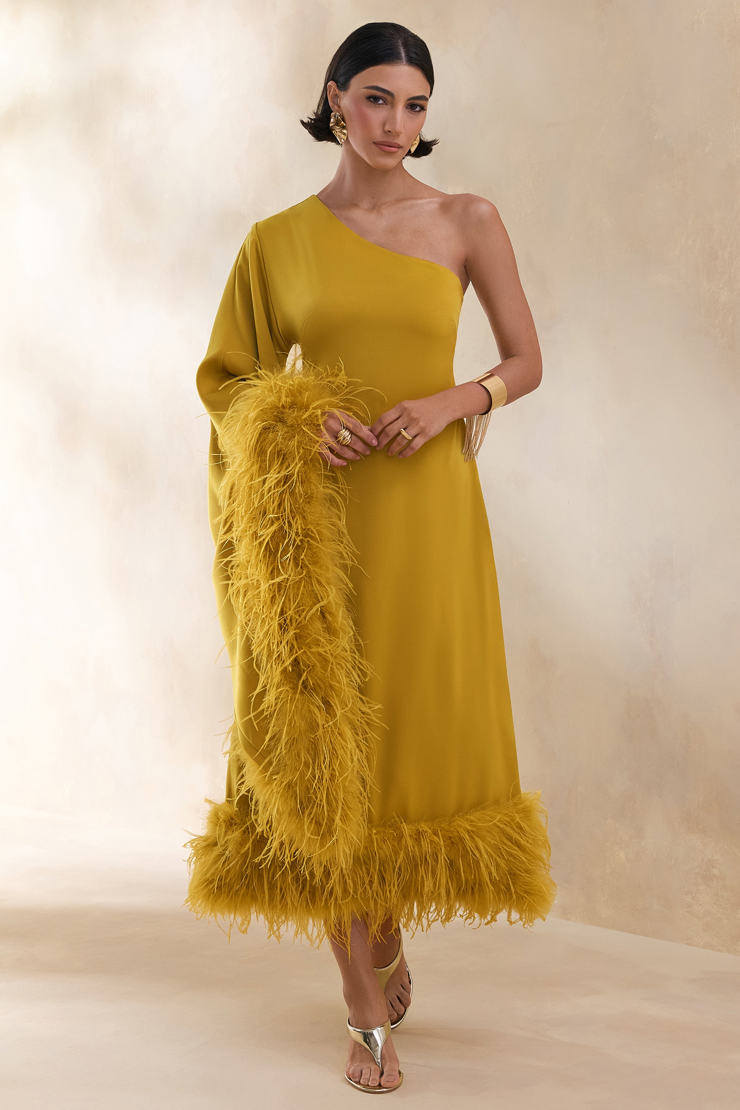 Destiny | Yellow Satin Asymmetric-Neck Midi Dress With Feather Details-Sowoom