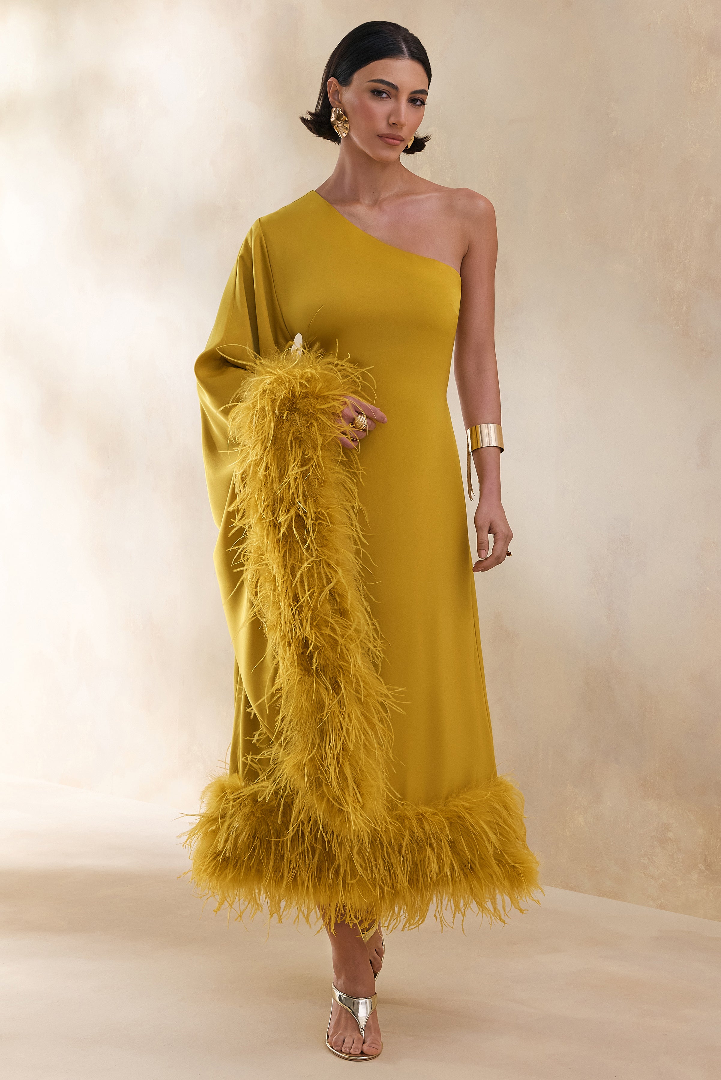 Destiny | Yellow Satin Asymmetric-Neck Midi Dress With Feather Details-Sowoom