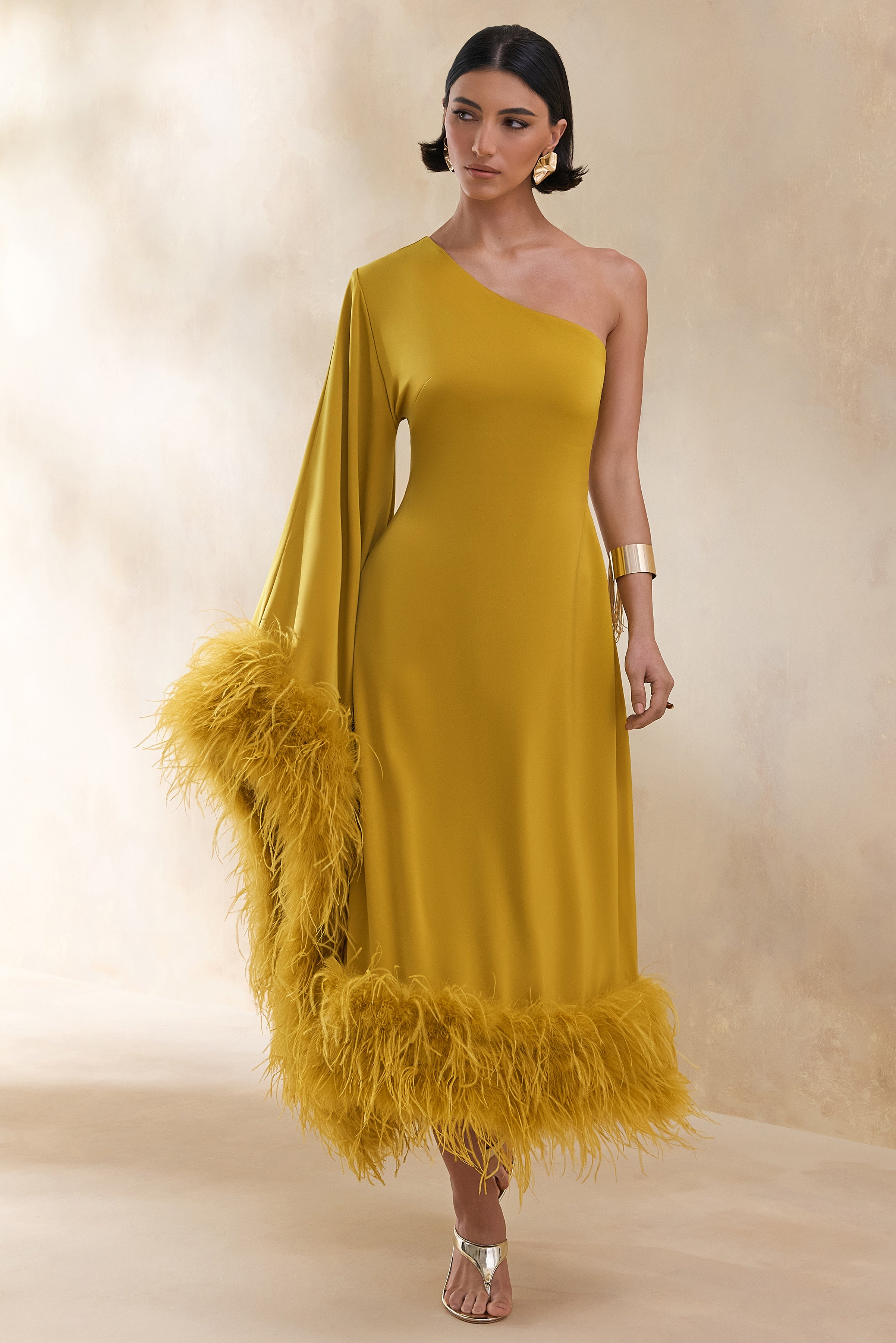 Destiny | Yellow Satin Asymmetric-Neck Midi Dress With Feather Details-Sowoom
