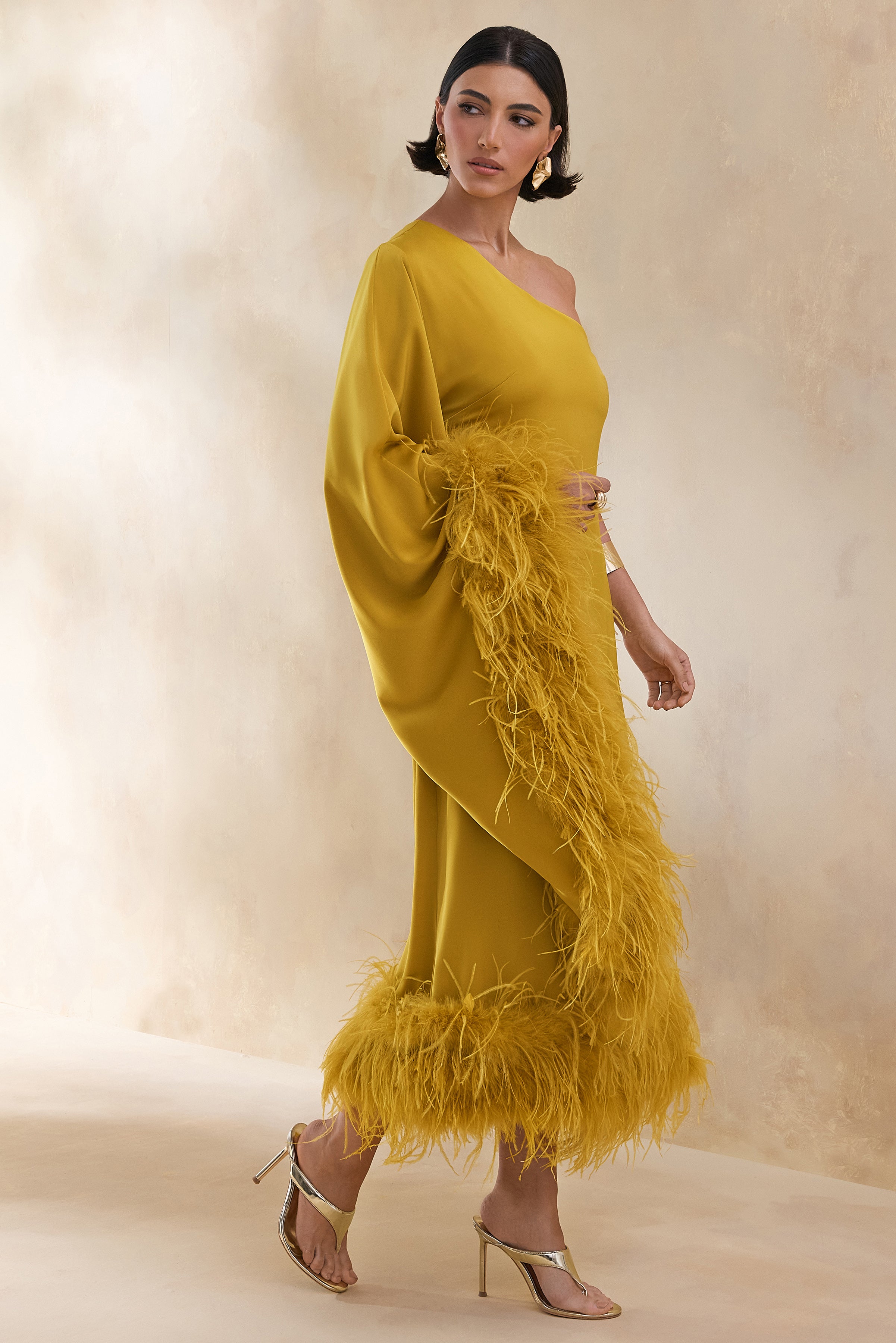 Destiny | Yellow Satin Asymmetric-Neck Midi Dress With Feather Details-Sowoom