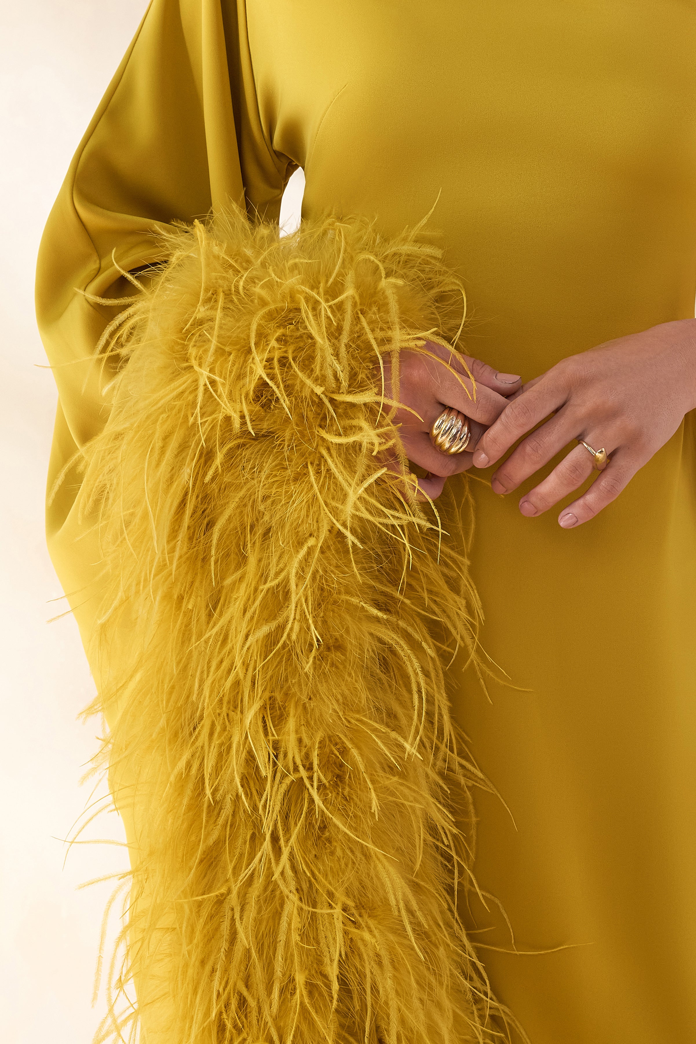 Destiny | Yellow Satin Asymmetric-Neck Midi Dress With Feather Details-Sowoom