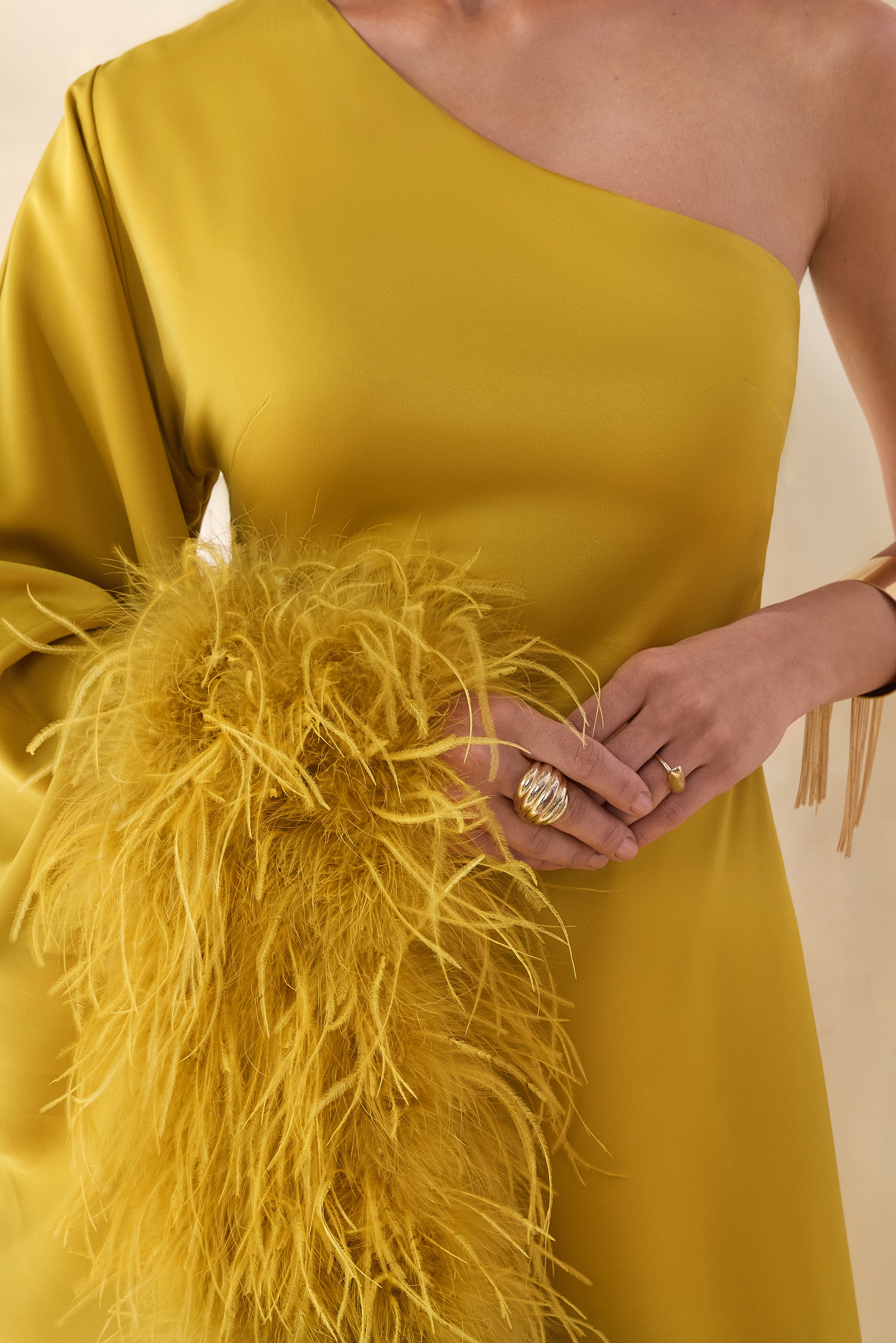 Destiny | Yellow Satin Asymmetric-Neck Midi Dress With Feather Details-Sowoom