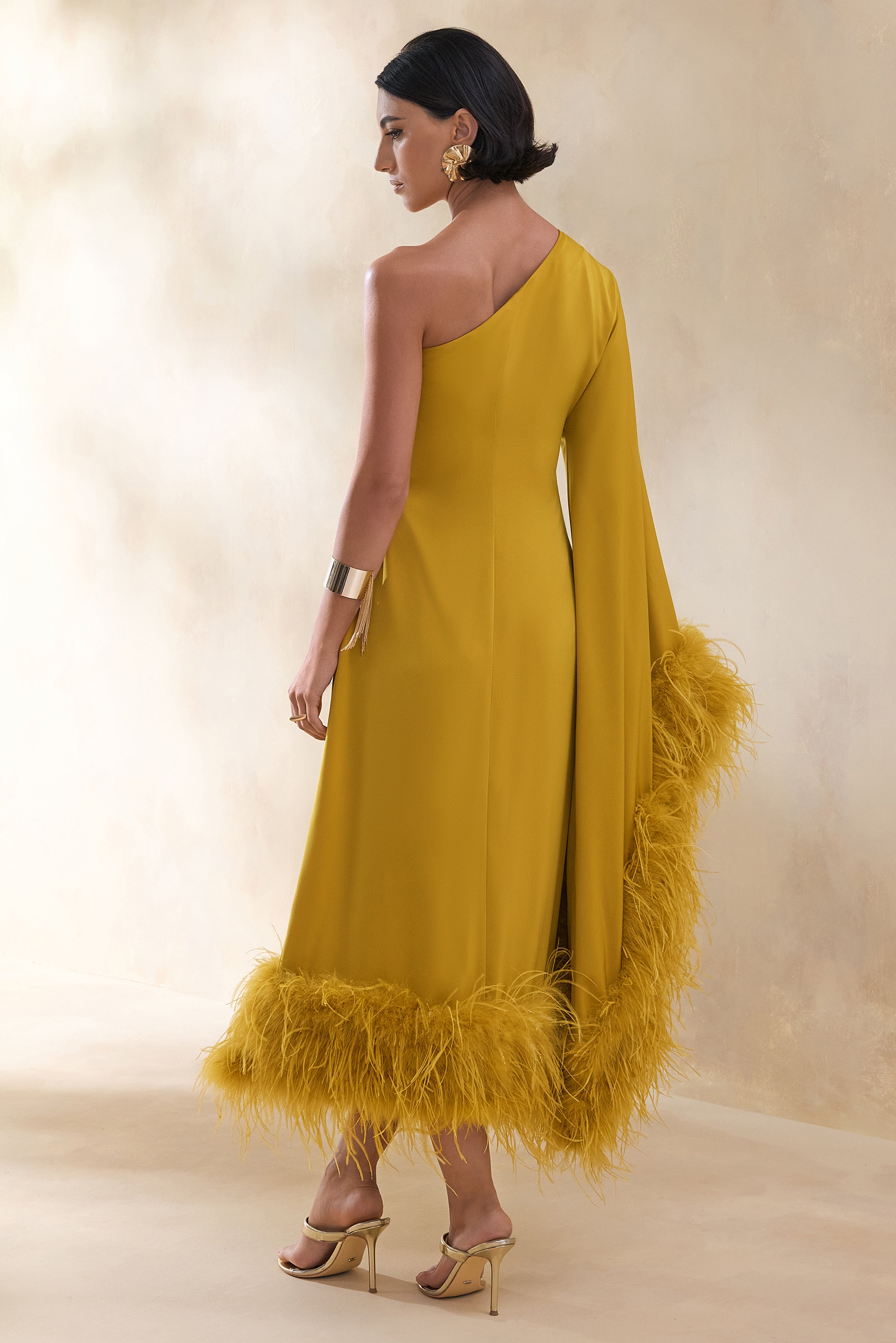 Destiny | Yellow Satin Asymmetric-Neck Midi Dress With Feather Details-Sowoom