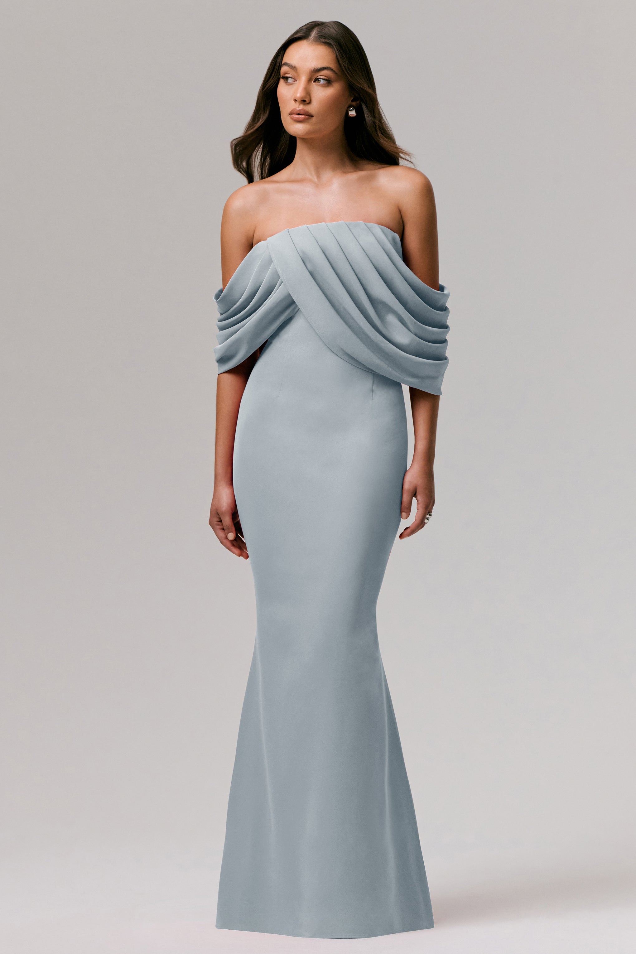 Serene | Powder Blue Draped Bardot Maxi Dress-Sowoom