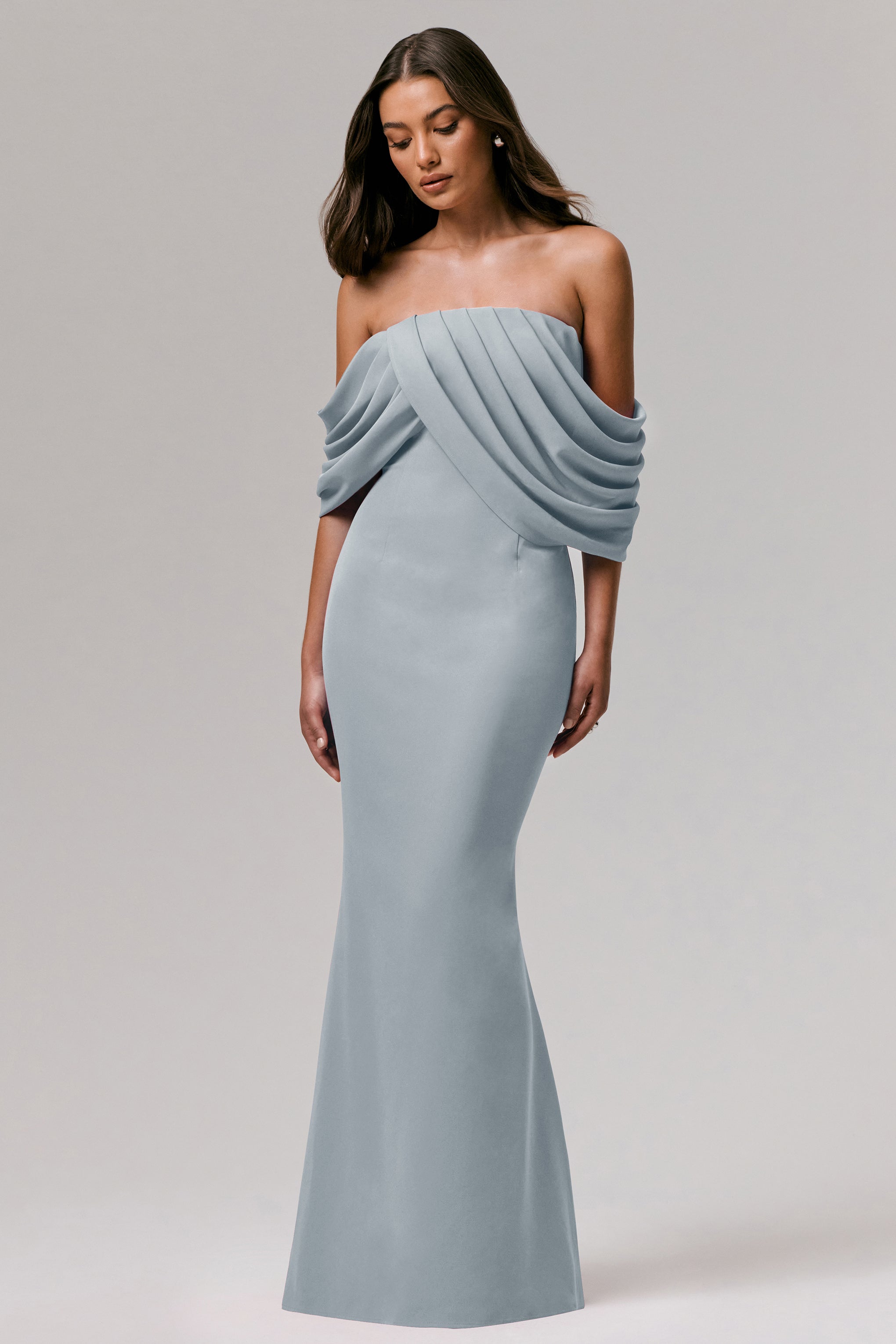 Serene | Powder Blue Draped Bardot Maxi Dress-Sowoom