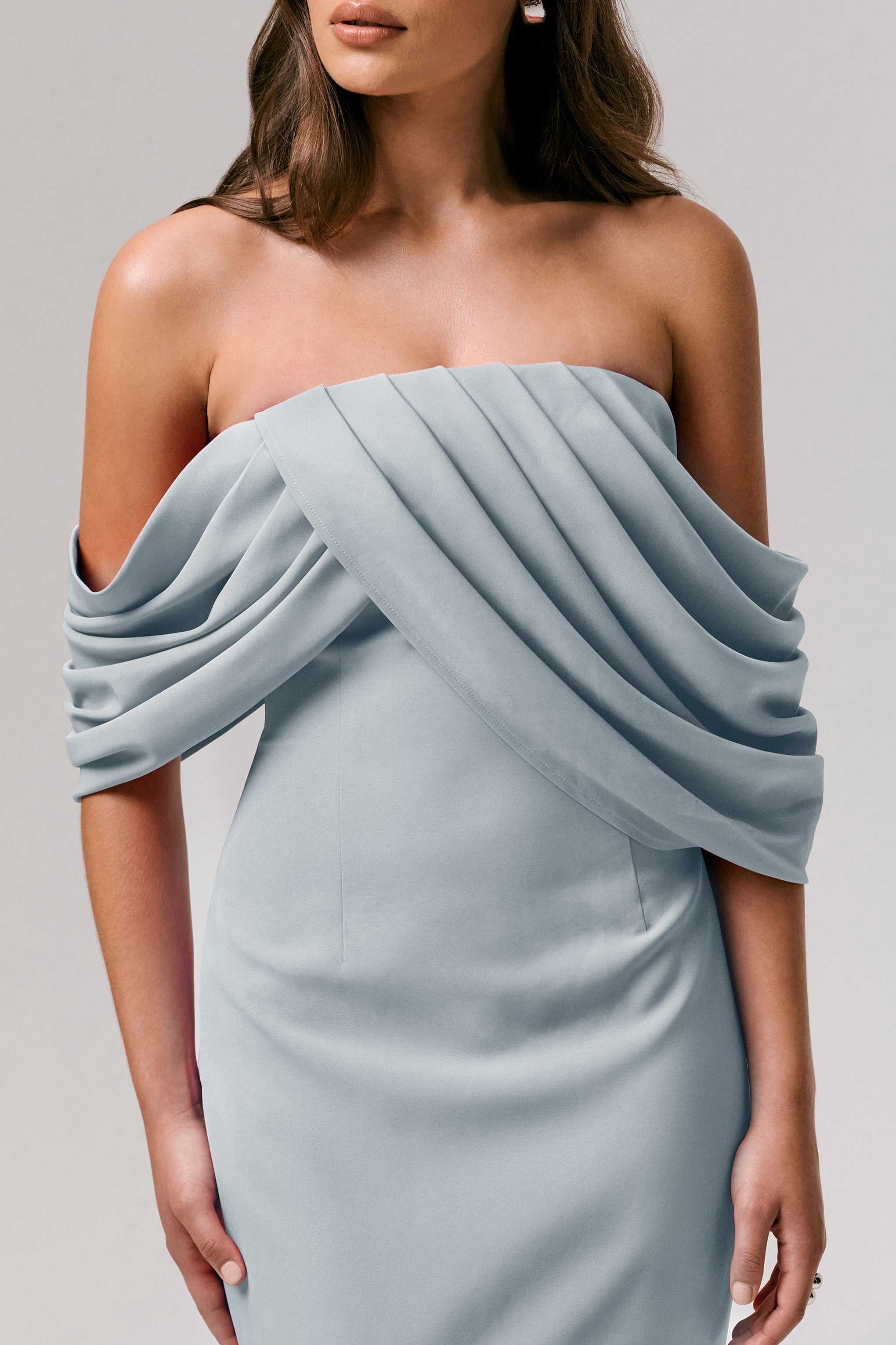 Serene | Powder Blue Draped Bardot Maxi Dress-Sowoom