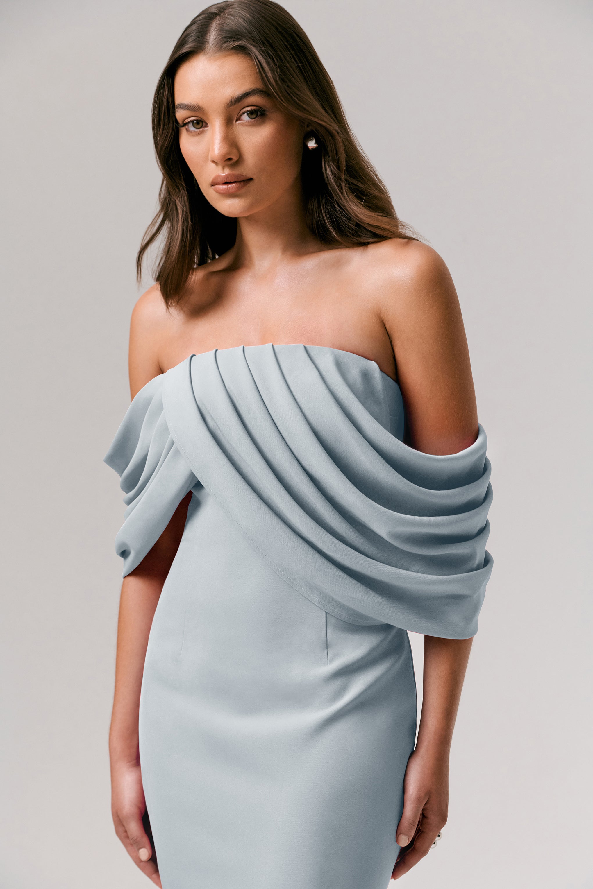 Serene | Powder Blue Draped Bardot Maxi Dress-Sowoom