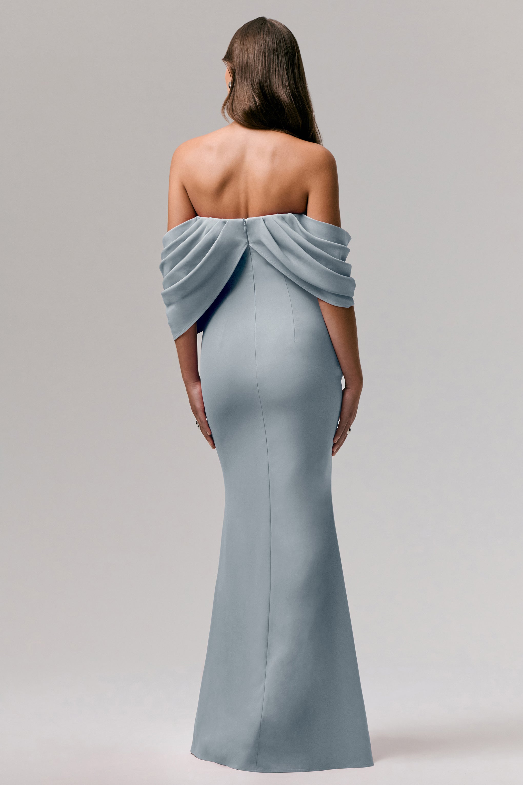 Serene | Powder Blue Draped Bardot Maxi Dress-Sowoom