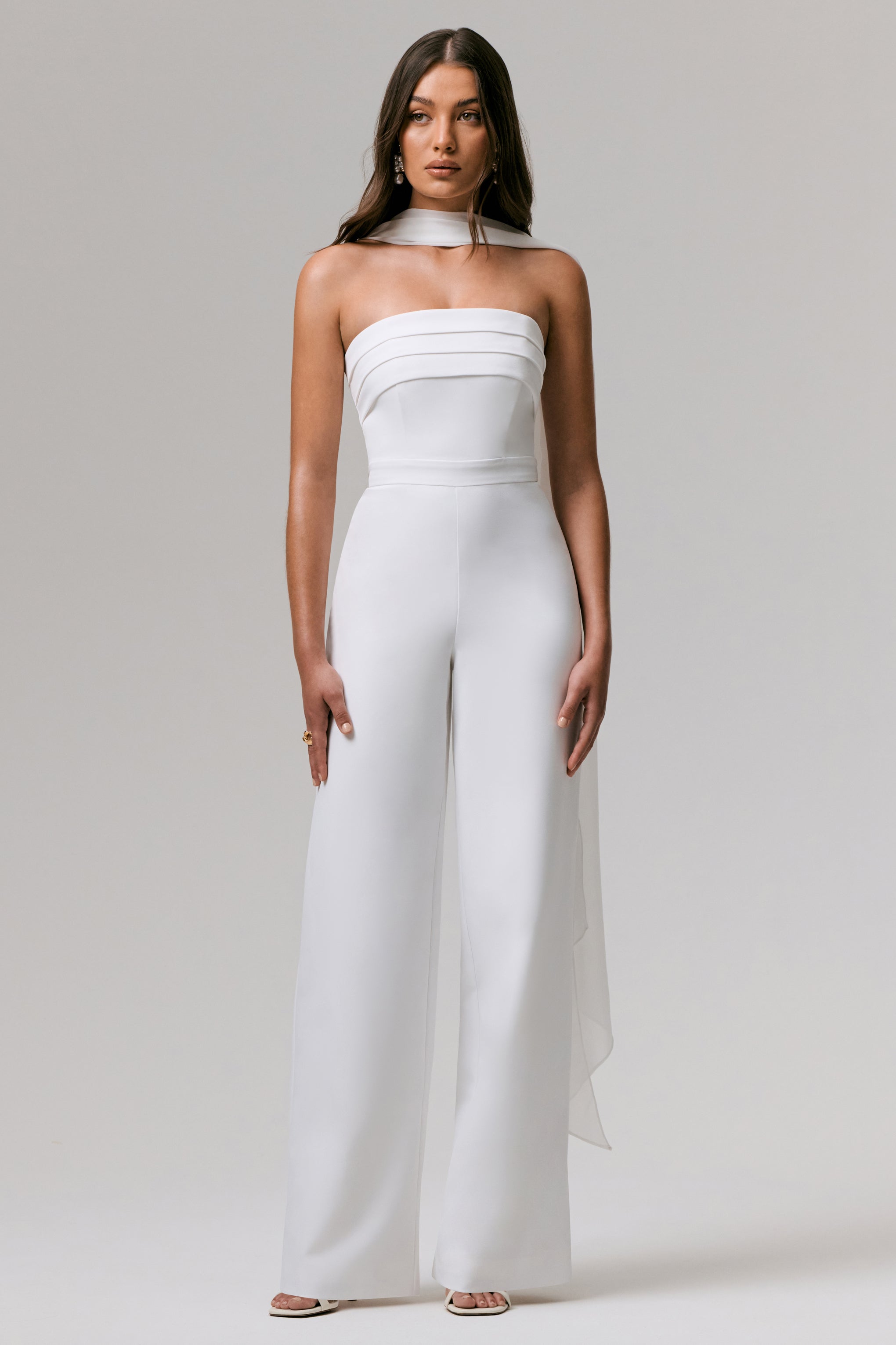 Enchanted | White High-Neck Jumpsuit With Scarf-Sowoom