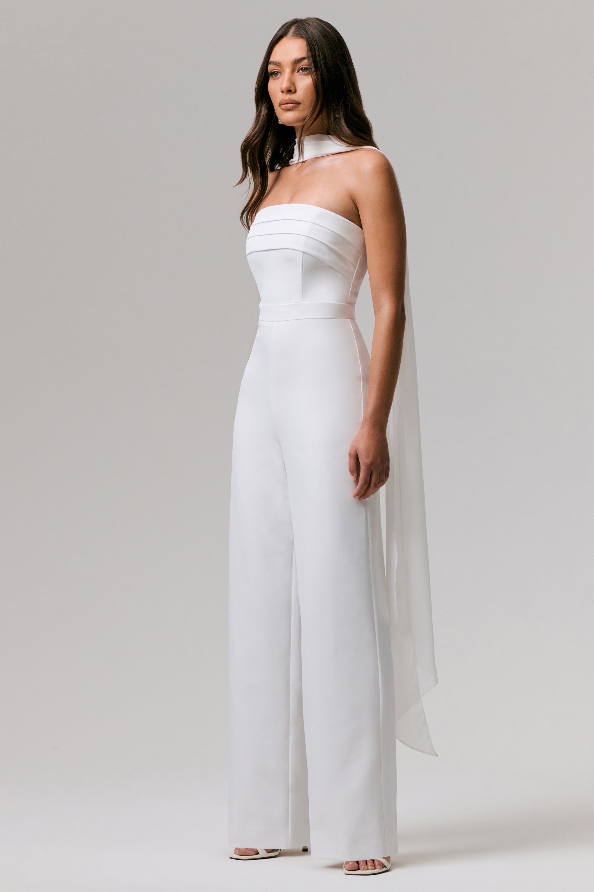 Enchanted | White High-Neck Jumpsuit With Scarf-Sowoom