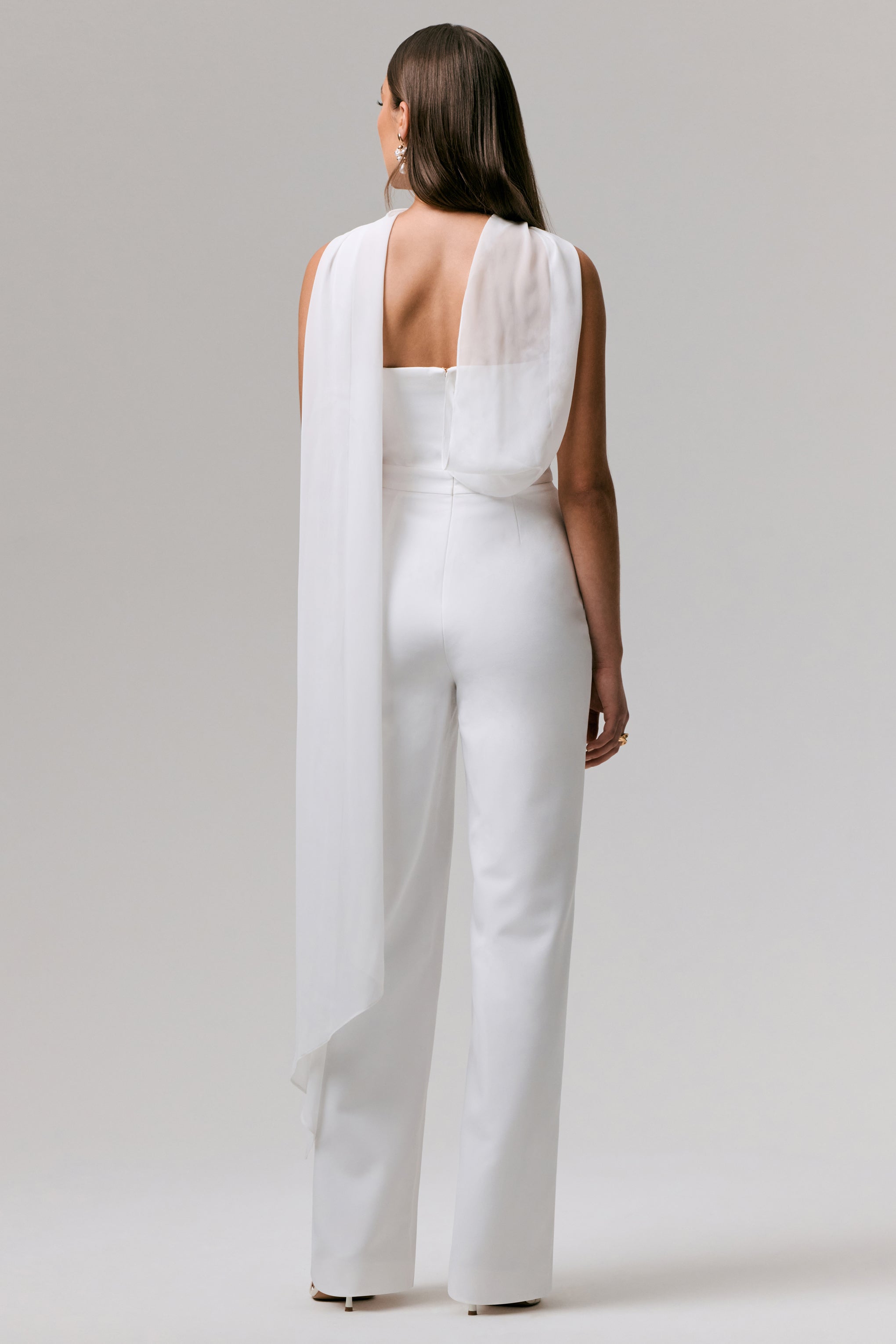 Enchanted | White High-Neck Jumpsuit With Scarf-Sowoom