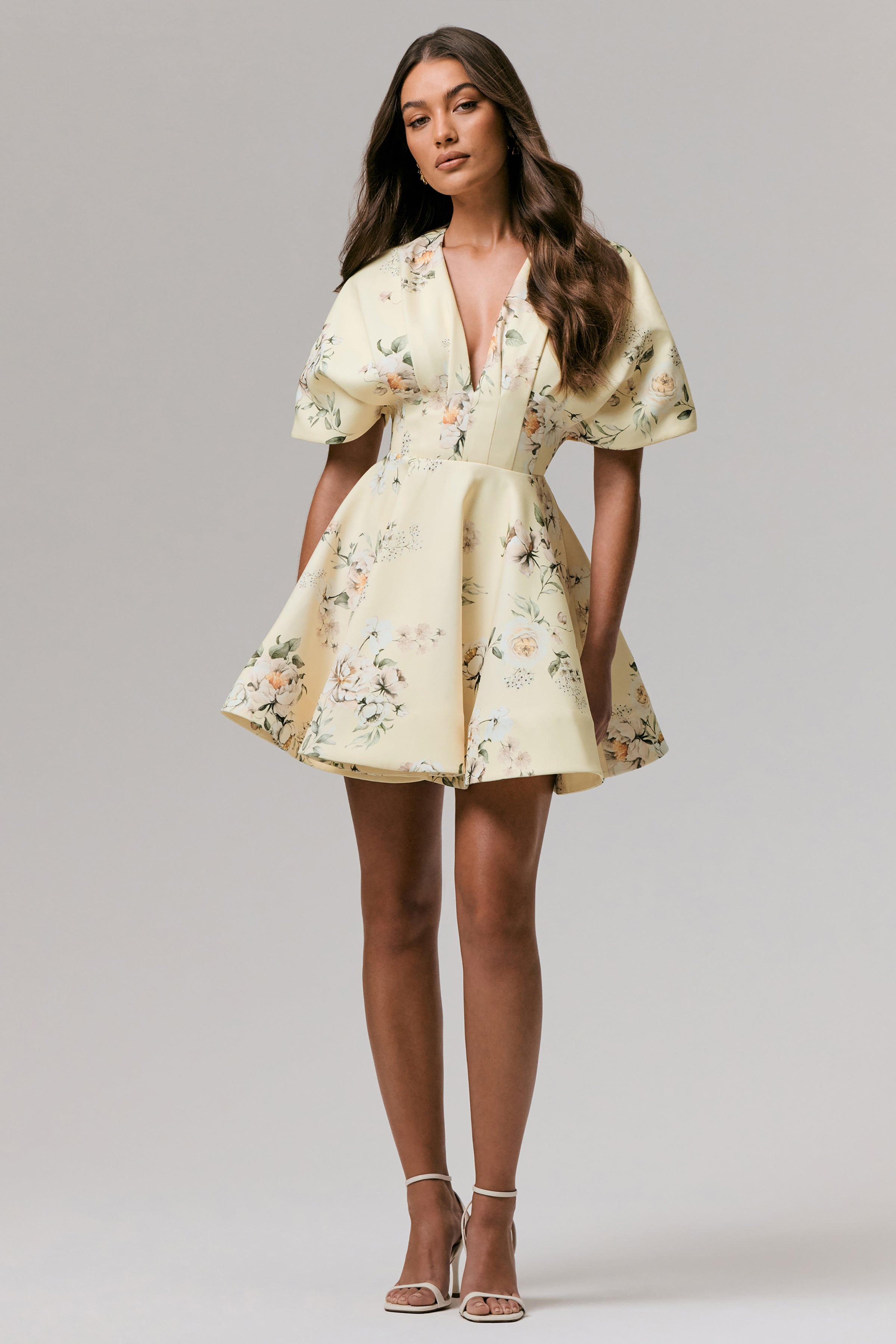 Delight | Lemon Print Plunge-Neck Ruffled Mini Dress-Sowoom