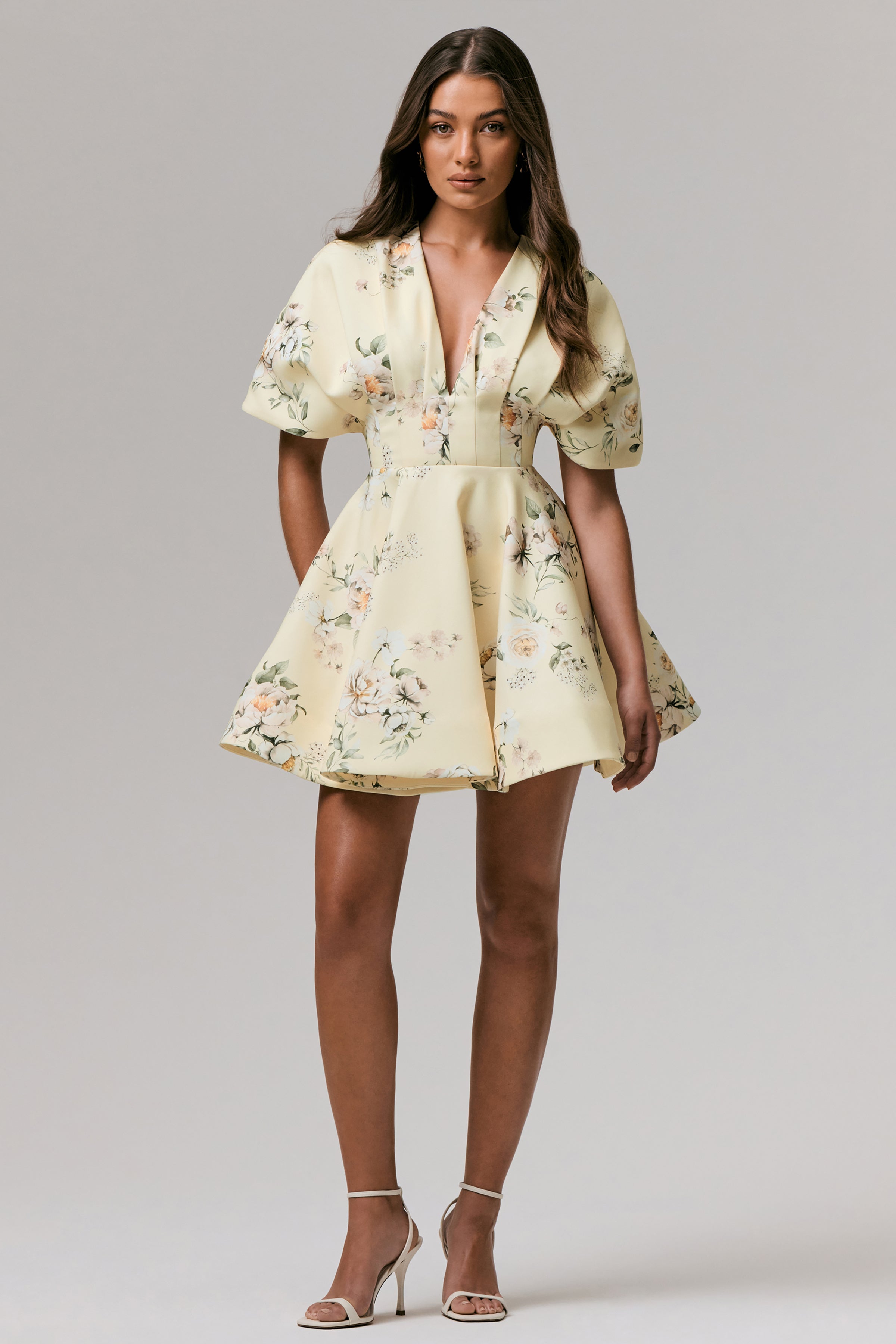 Delight | Lemon Print Plunge-Neck Ruffled Mini Dress-Sowoom