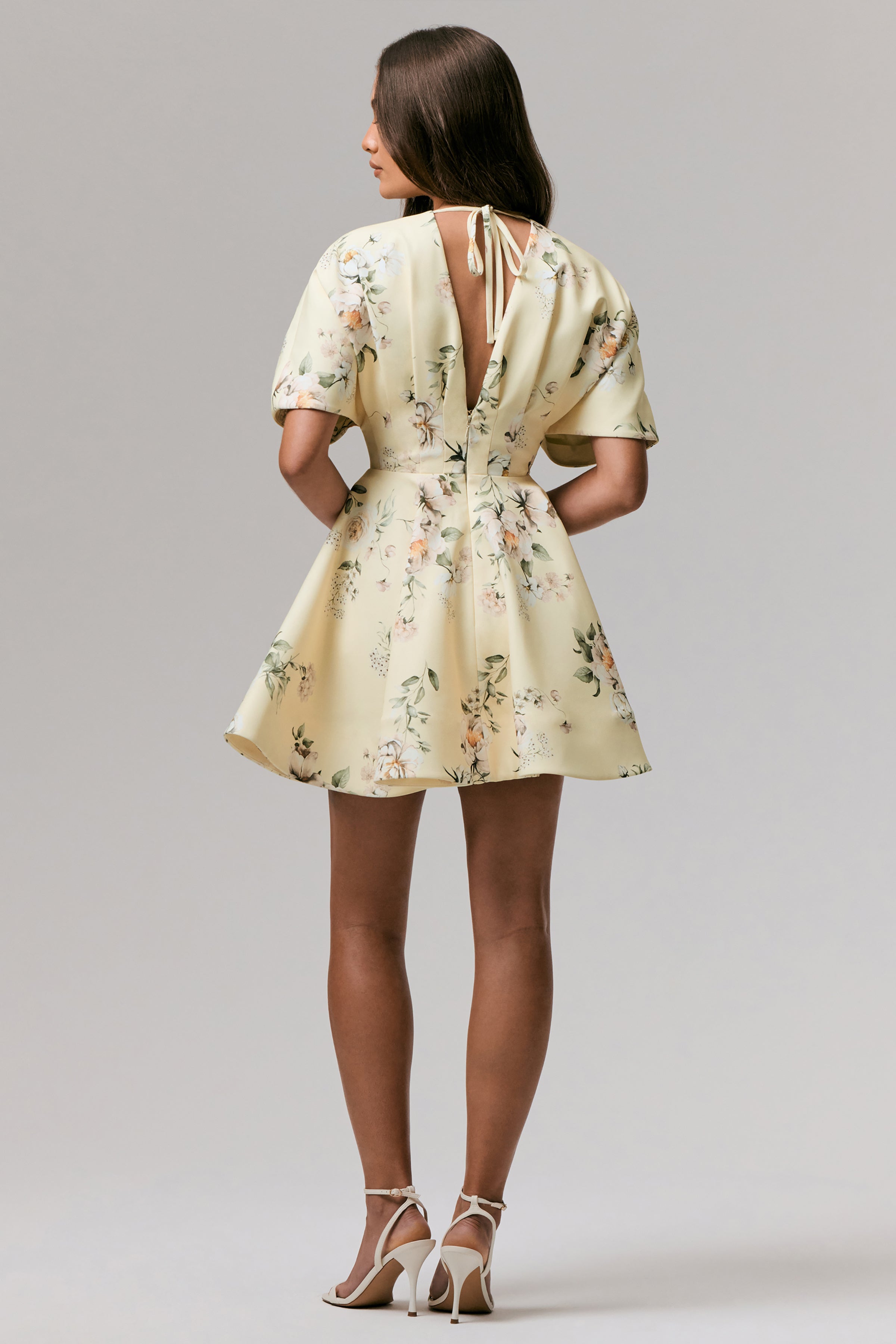 Delight | Lemon Print Plunge-Neck Ruffled Mini Dress-Sowoom