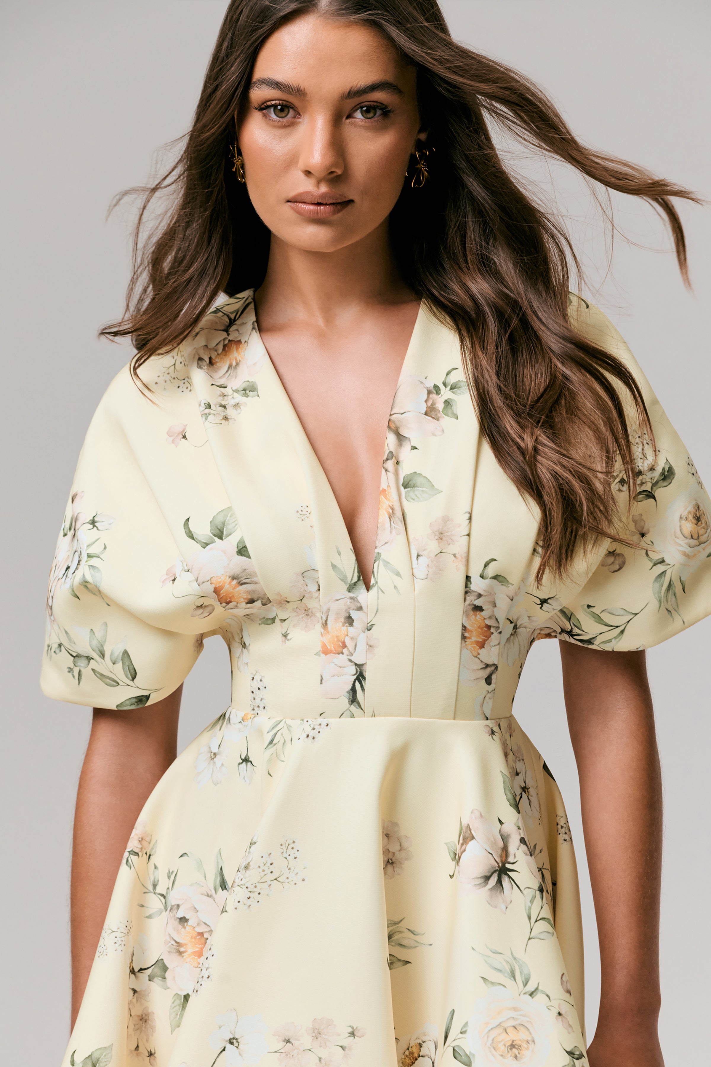 Delight | Lemon Print Plunge-Neck Ruffled Mini Dress-Sowoom