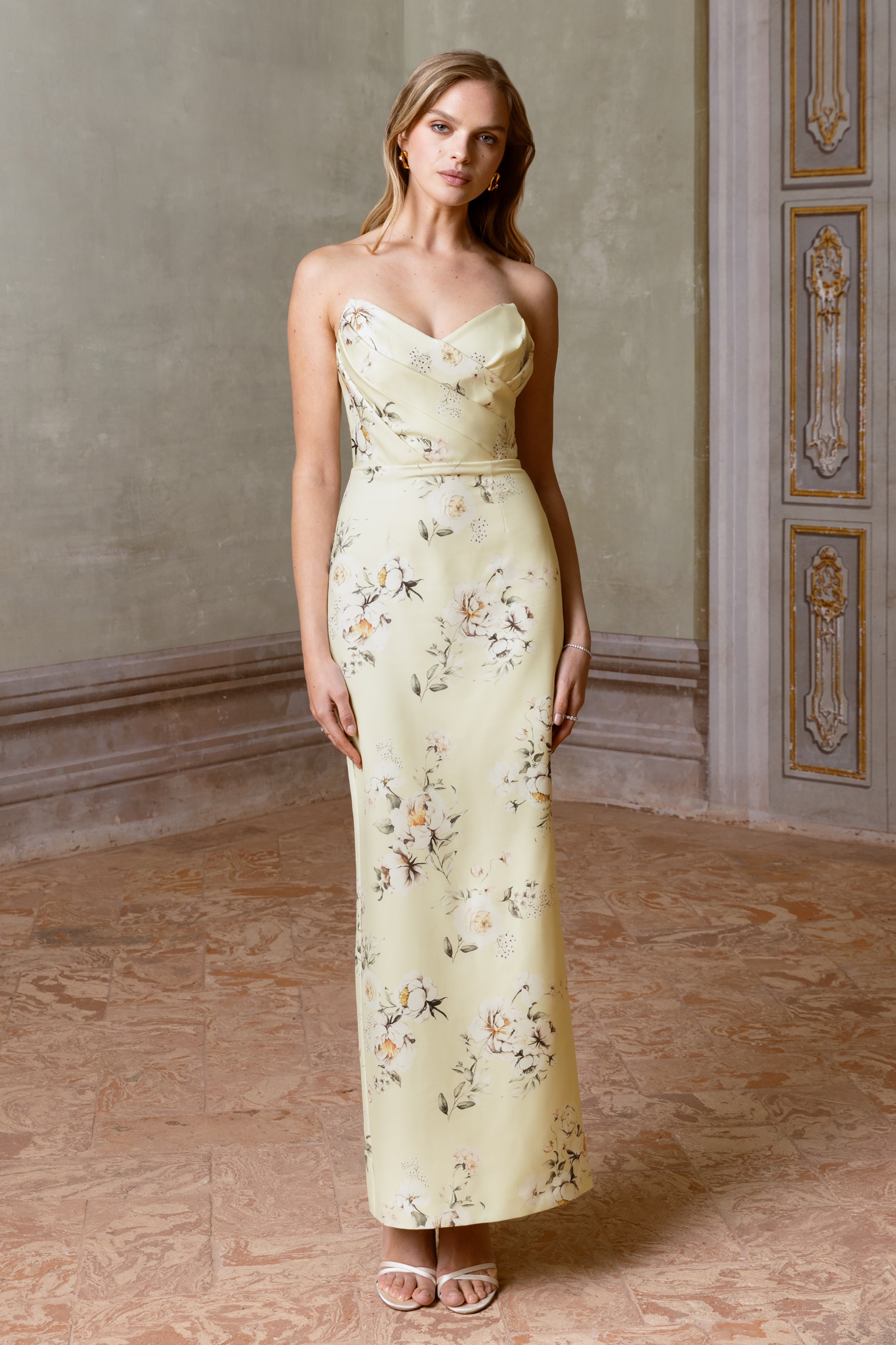 Fierce | Lemon Print Asymmetric Ruched Maxi Dress-Sowoom