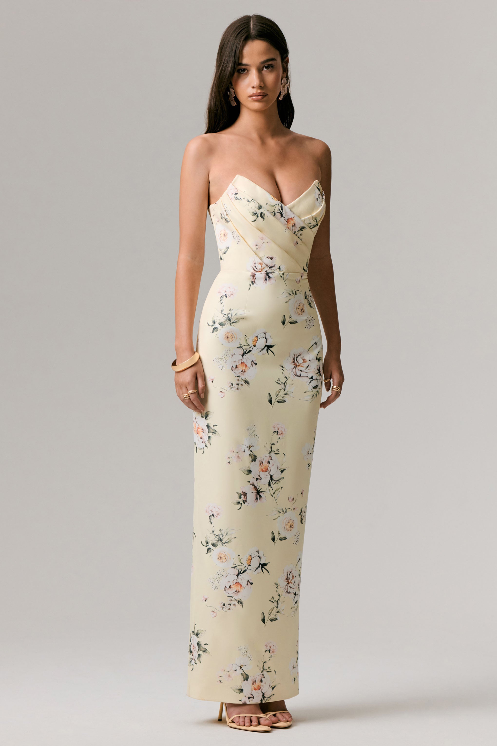 Fierce | Lemon Print Asymmetric Ruched Maxi Dress-Sowoom