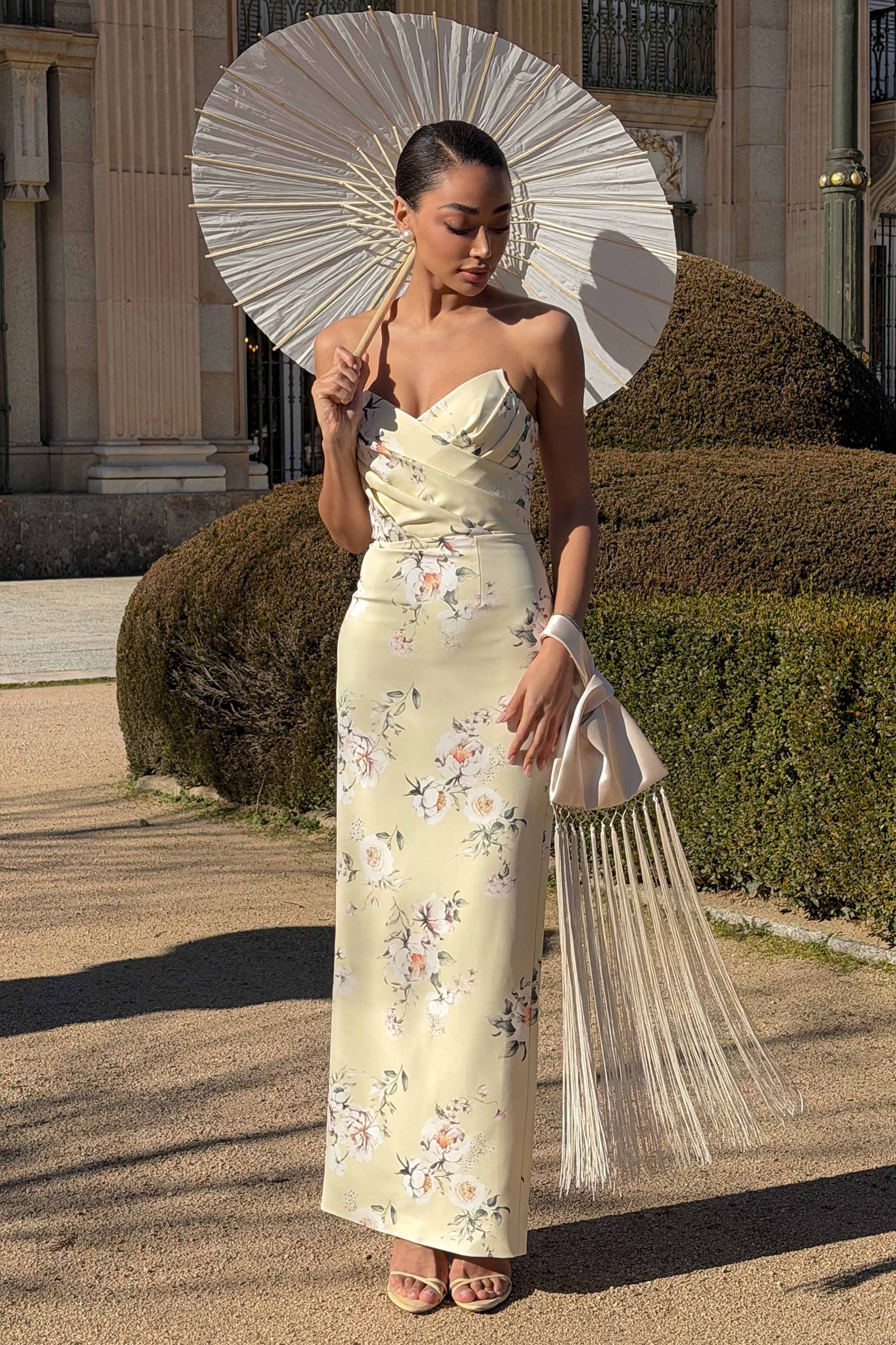 Fierce | Lemon Print Asymmetric Ruched Maxi Dress-Sowoom