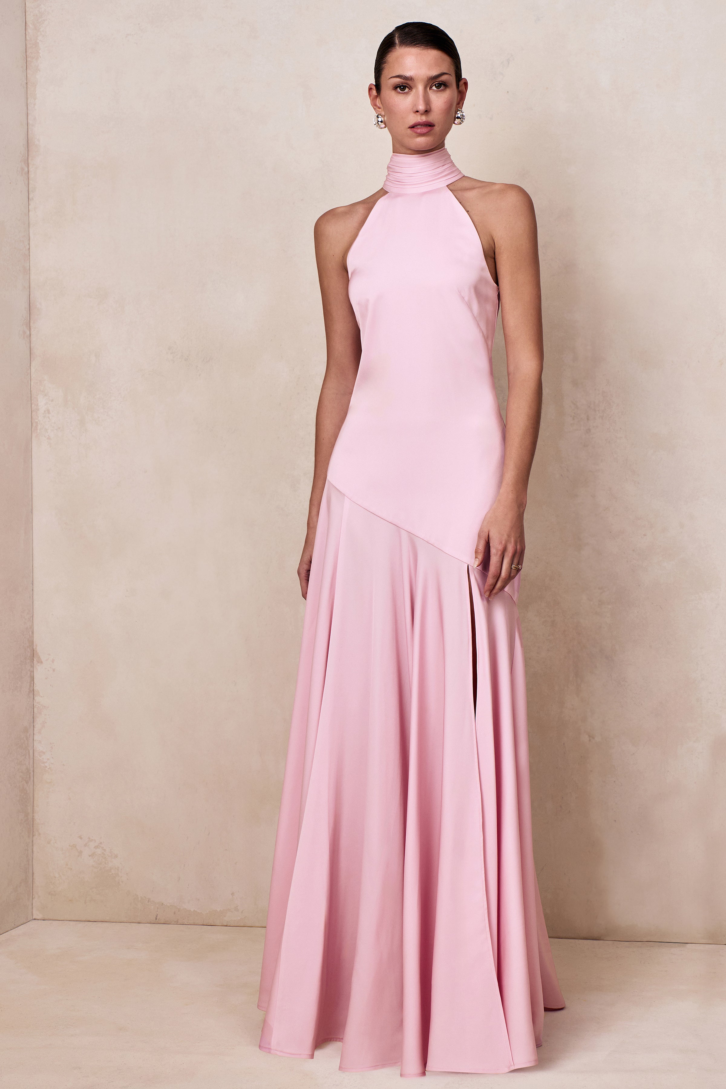 Luscious | Light Pink High-Neck Maxi Dress With Drop-Waist And Bow Detail-Sowoom