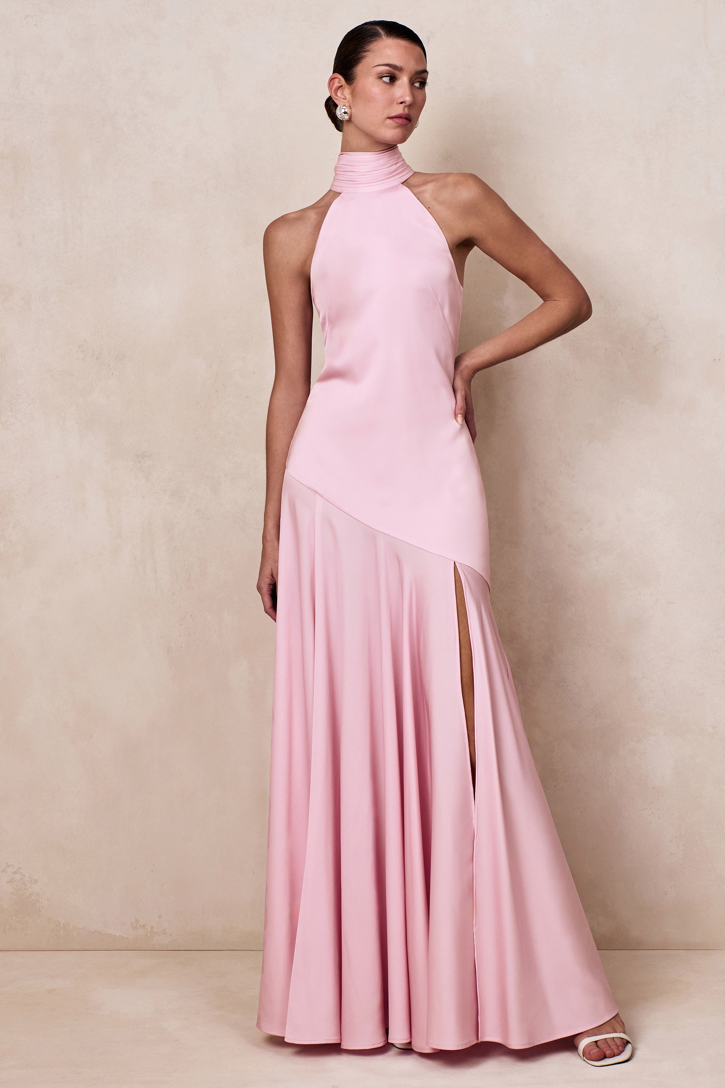 Luscious | Light Pink High-Neck Maxi Dress With Drop-Waist And Bow Detail-Sowoom