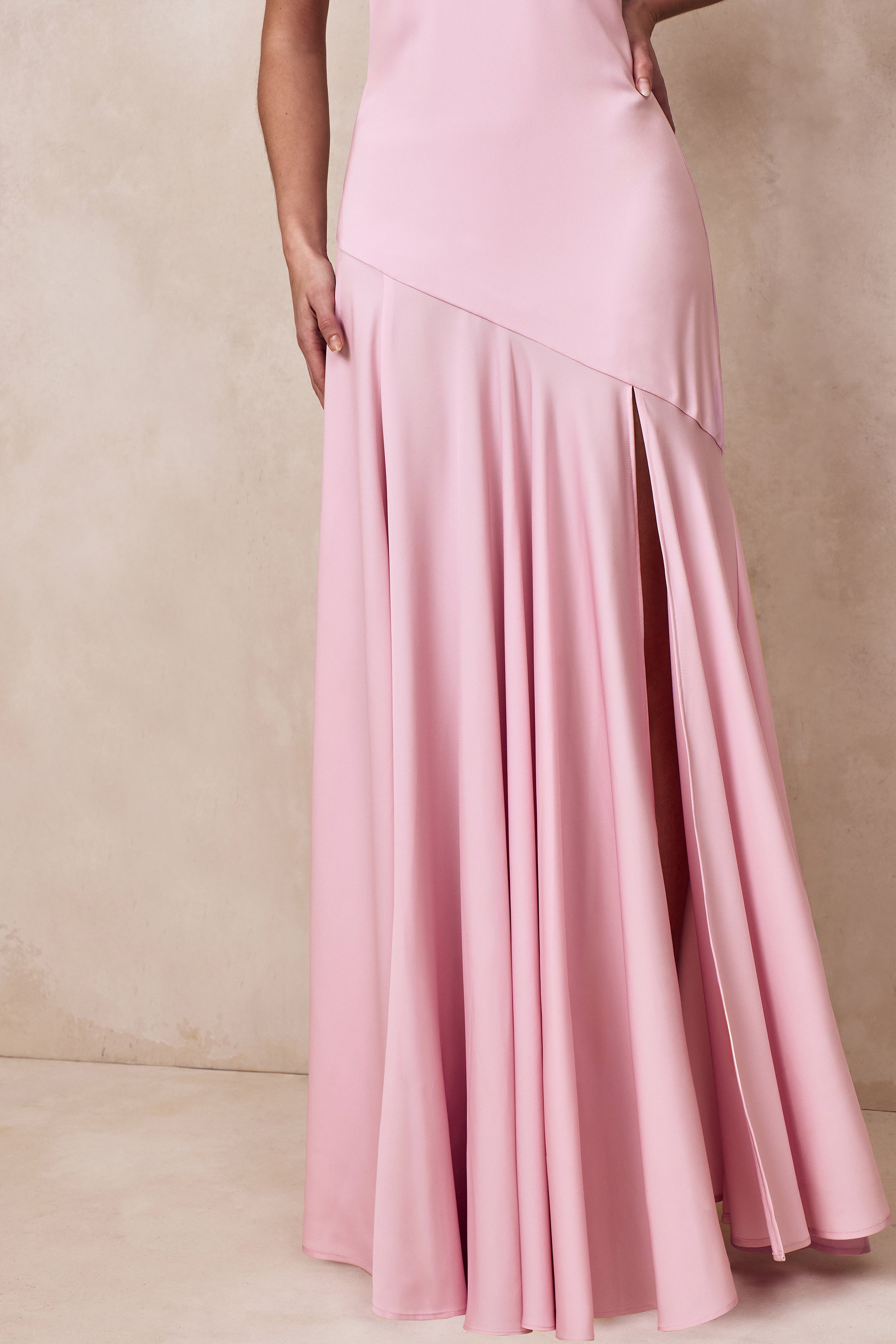 Luscious | Light Pink High-Neck Maxi Dress With Drop-Waist And Bow Detail-Sowoom