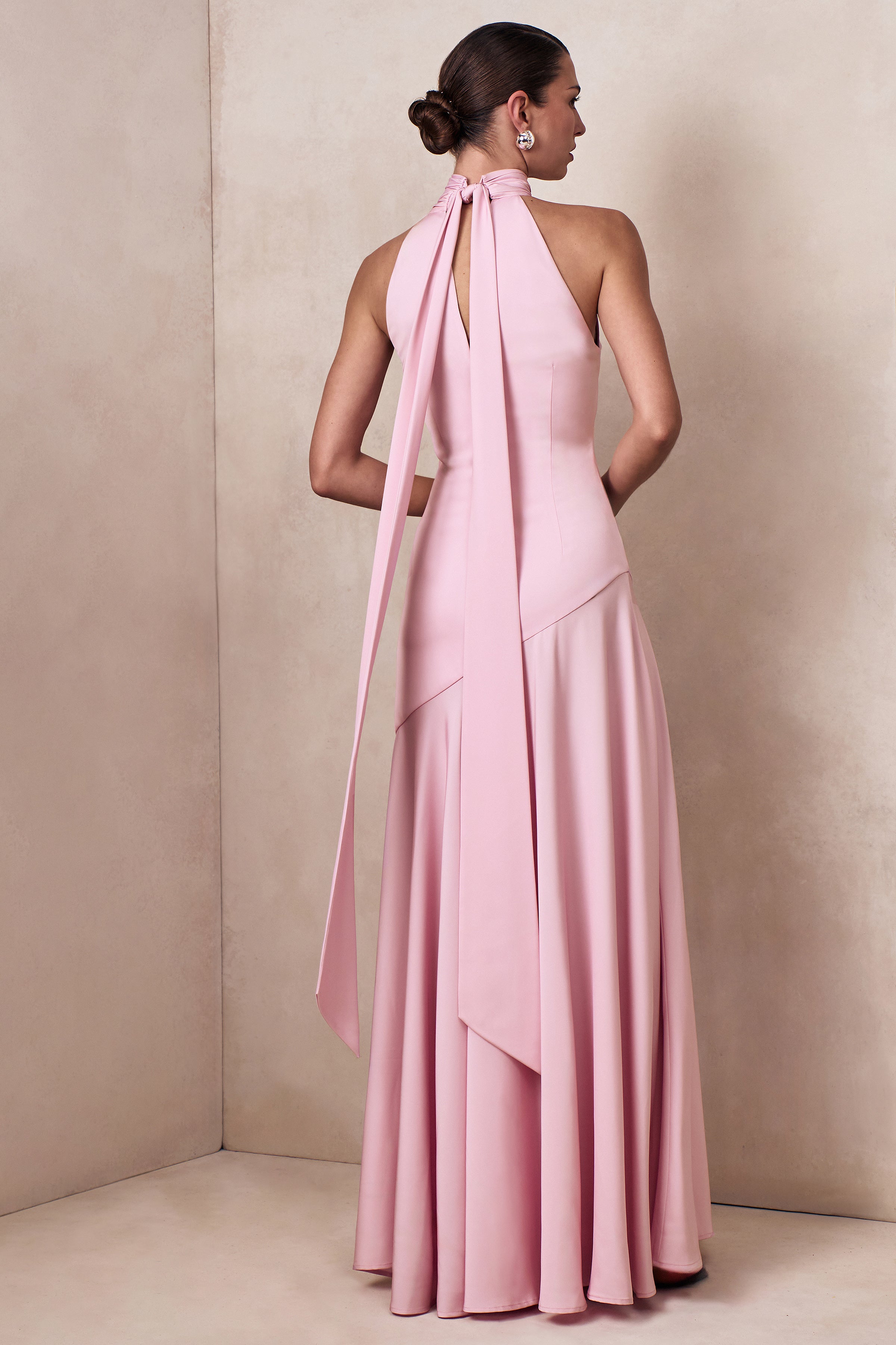 Luscious | Light Pink High-Neck Maxi Dress With Drop-Waist And Bow Detail-Sowoom