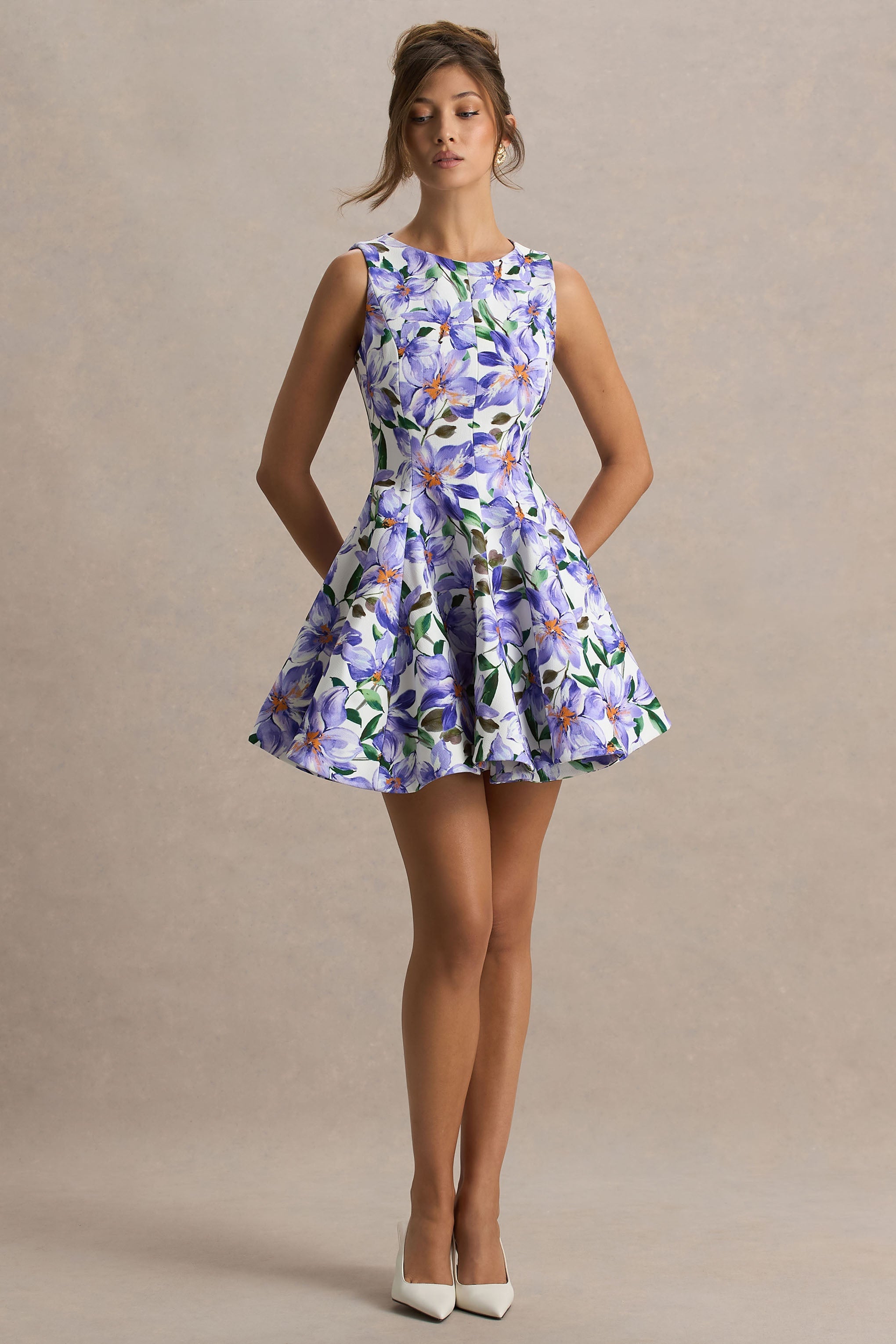 Gabrielle | Purple Lily Print Boat-Neck Skater Mini Dress-Sowoom