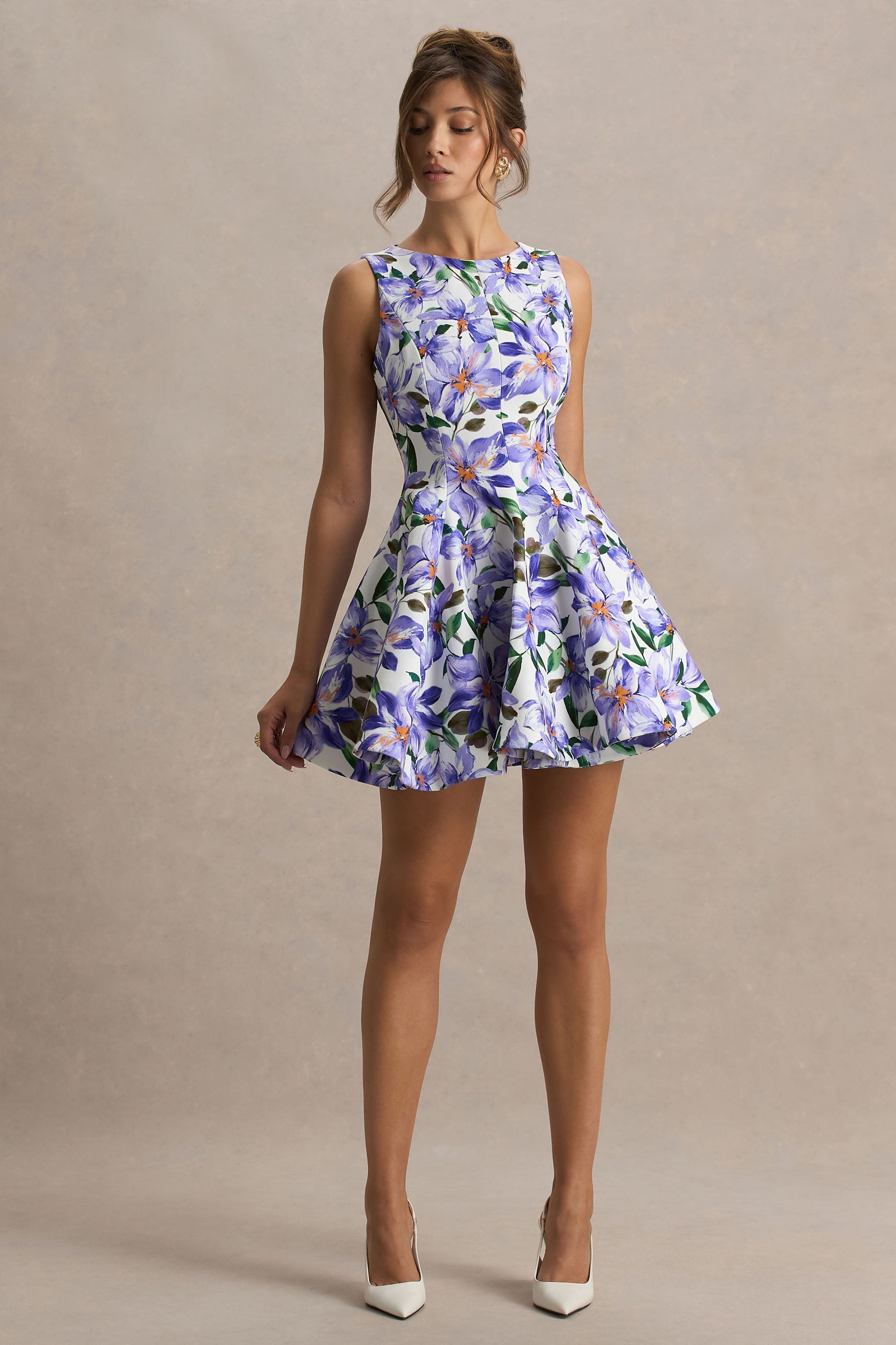 Gabrielle | Purple Lily Print Boat-Neck Skater Mini Dress-Sowoom