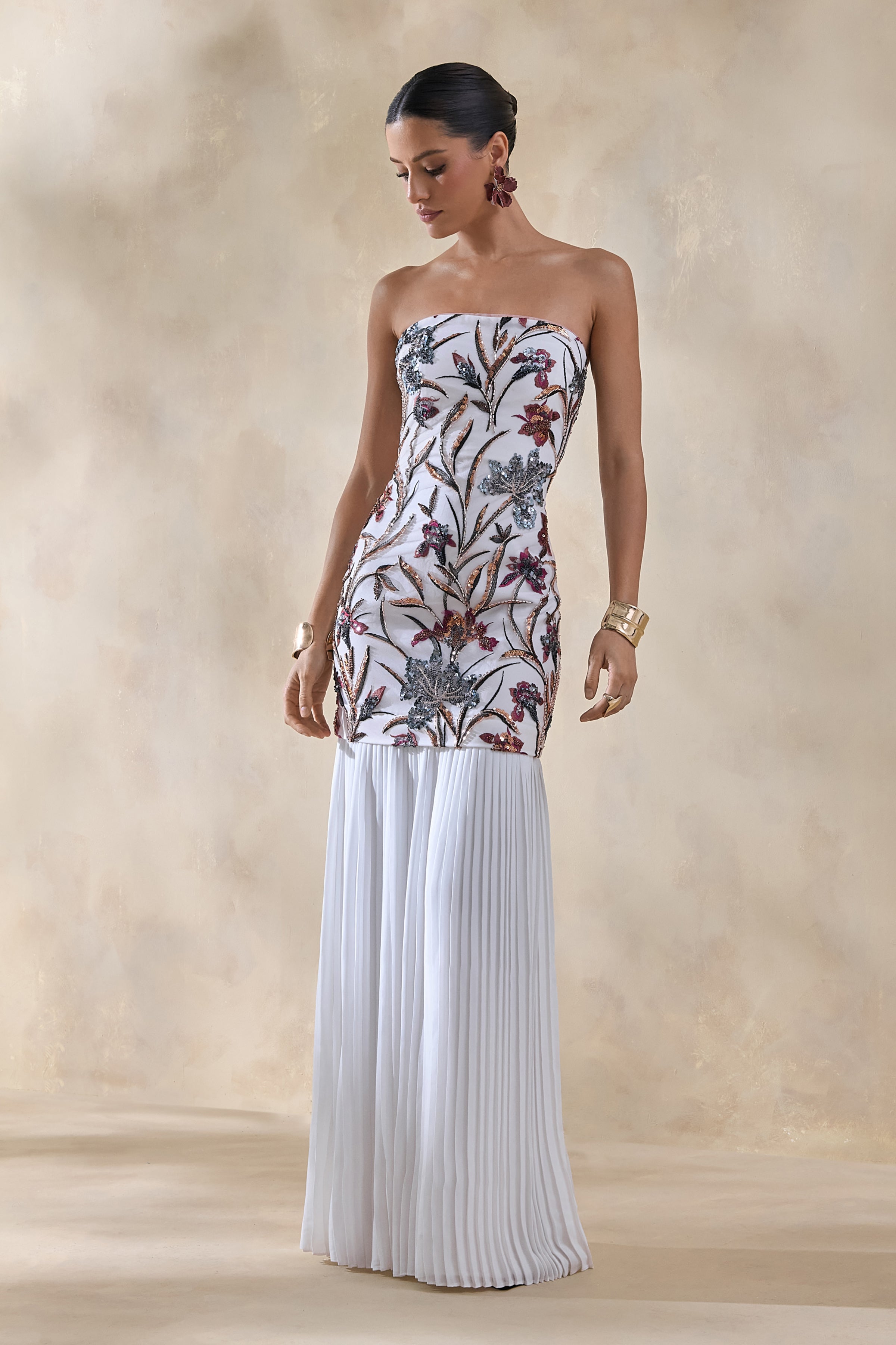 Denise | Cream Sequin Floral Bandeau-Neck Embellished Maxi Dress With Drop-Waist And Mesh Skirt-Sowoom
