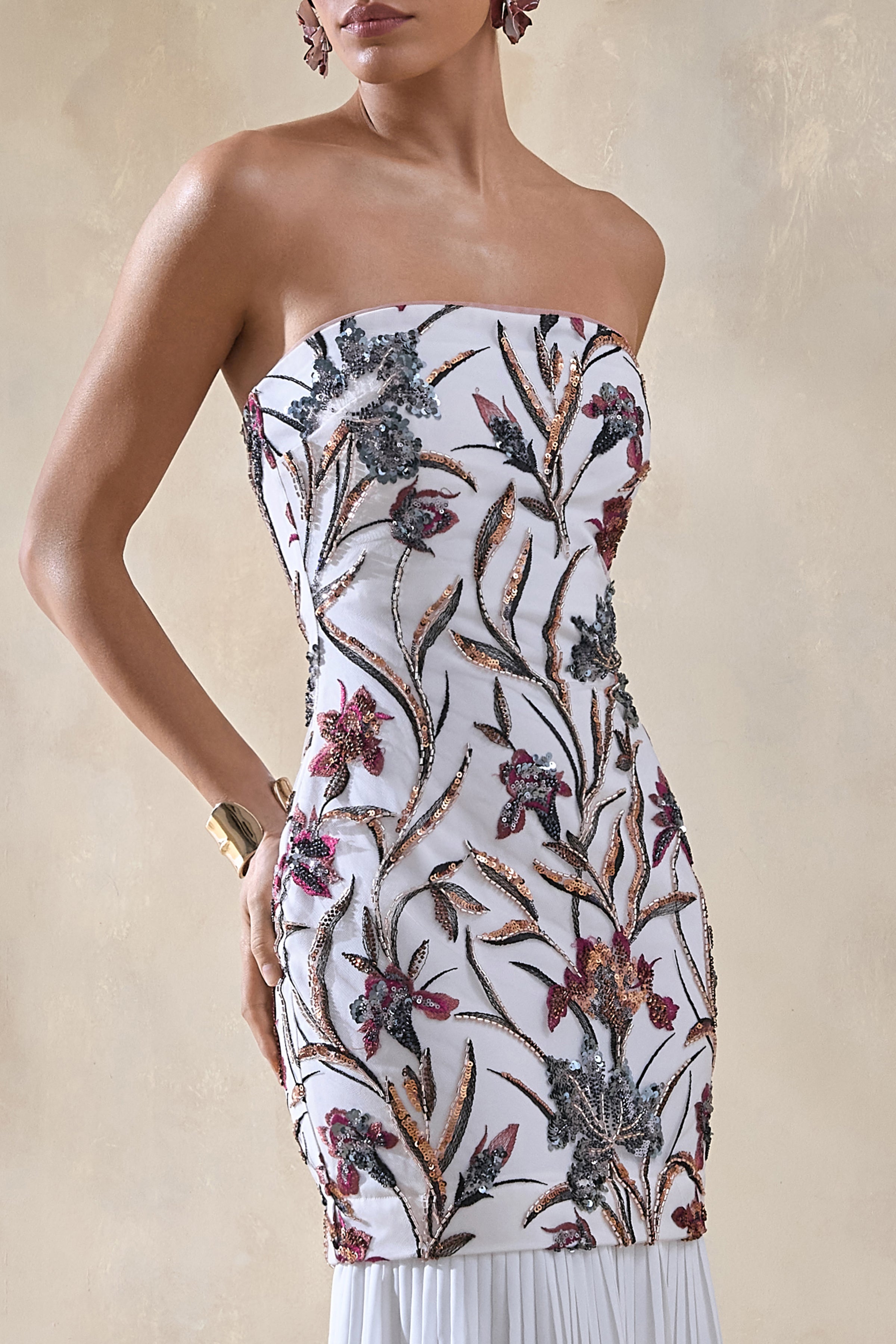 Denise | Cream Sequin Floral Bandeau-Neck Embellished Maxi Dress With Drop-Waist And Mesh Skirt-Sowoom