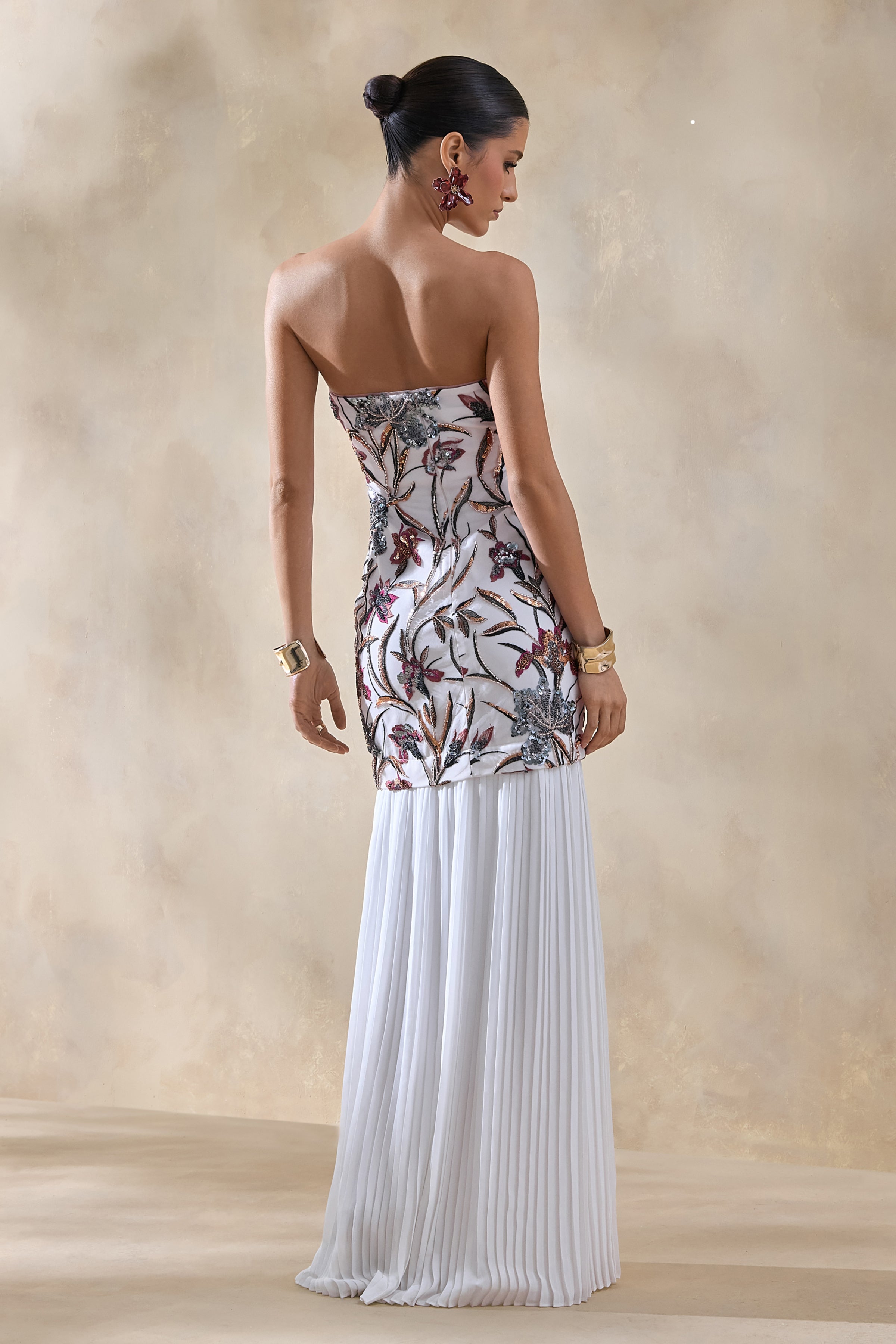 Denise | Cream Sequin Floral Bandeau-Neck Embellished Maxi Dress With Drop-Waist And Mesh Skirt-Sowoom
