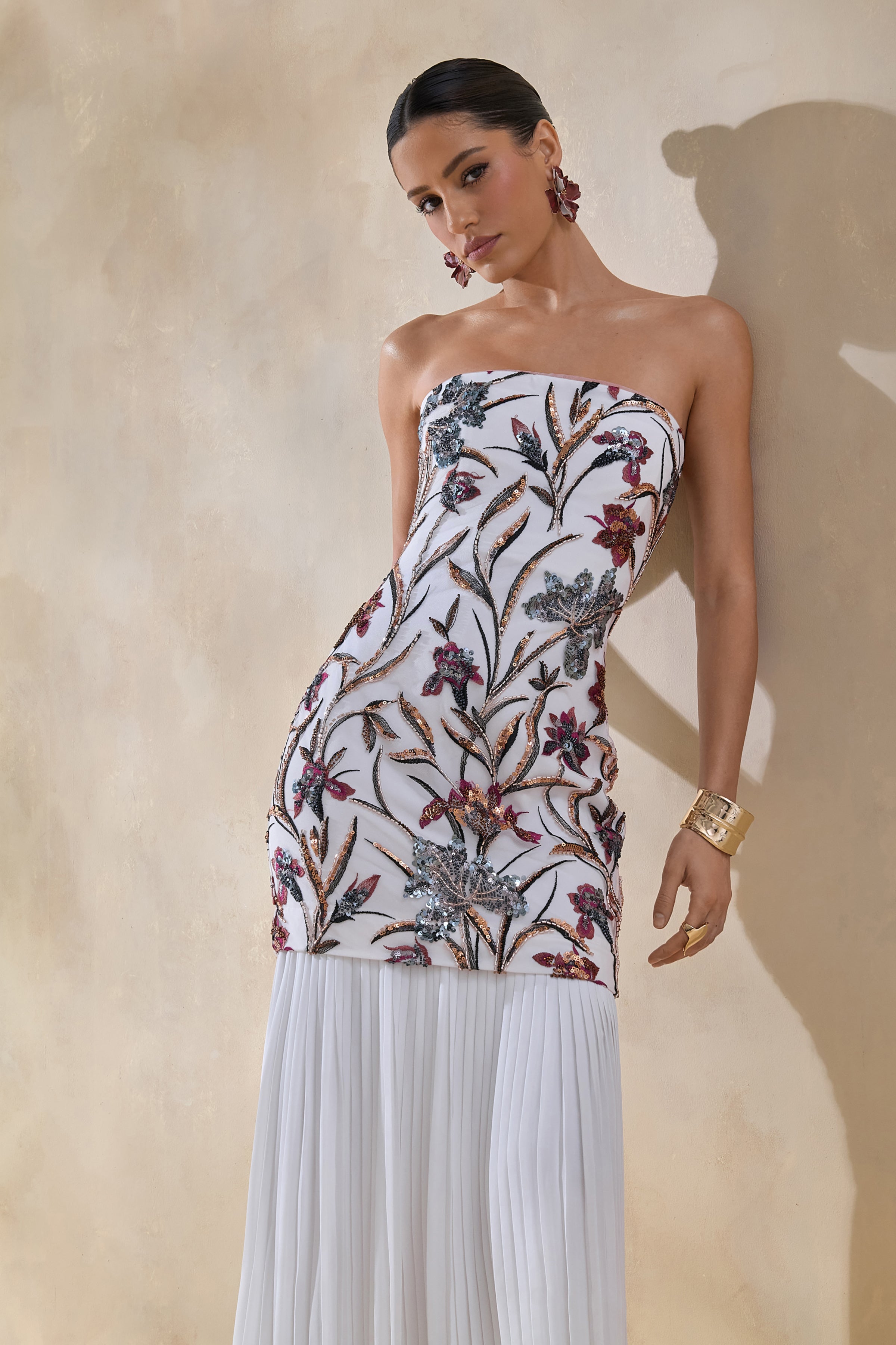 Denise | Cream Sequin Floral Bandeau-Neck Embellished Maxi Dress With Drop-Waist And Mesh Skirt-Sowoom