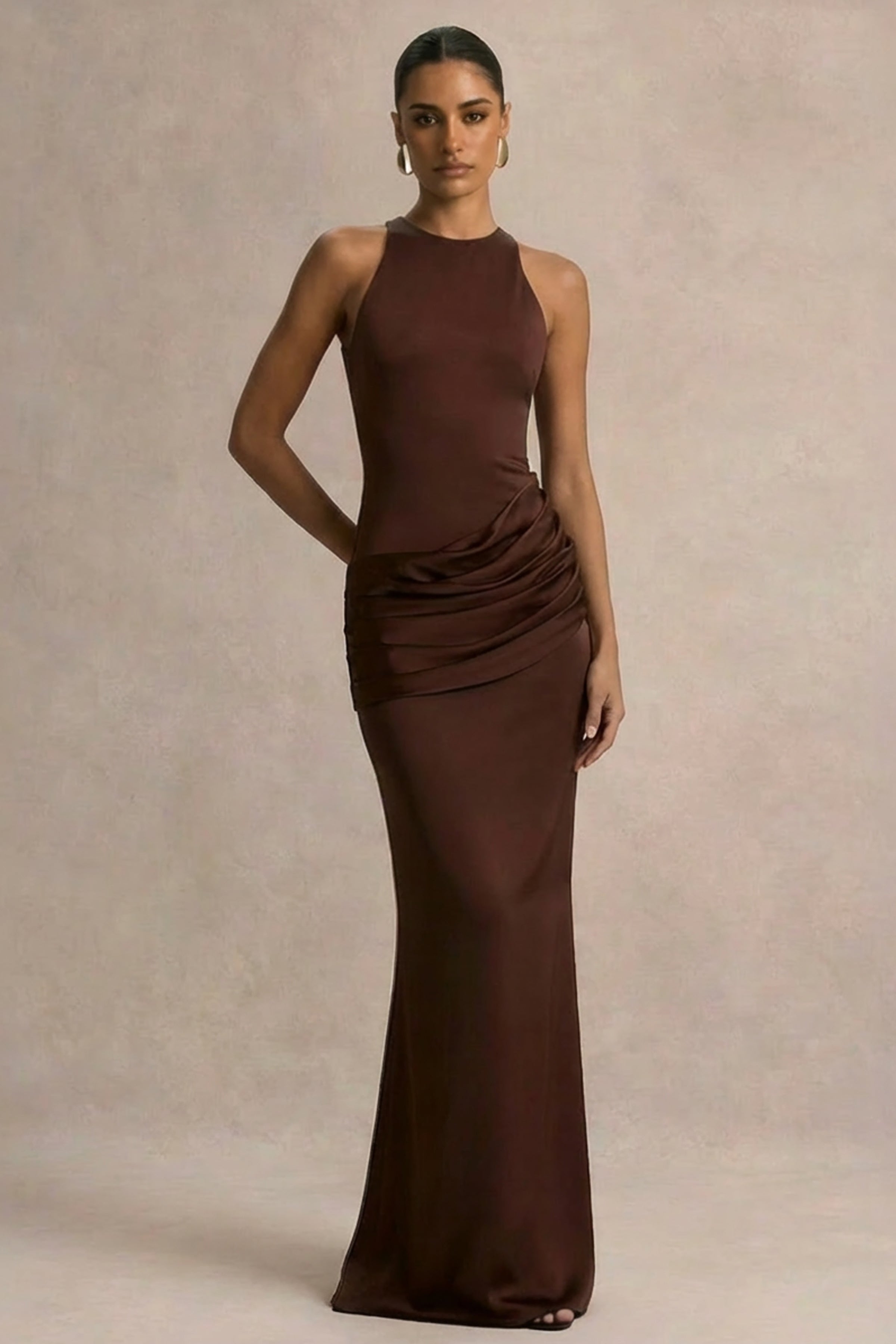 Akari | Brown Crew-Neck Maxi Dress With Satin Skirt-Sowoom