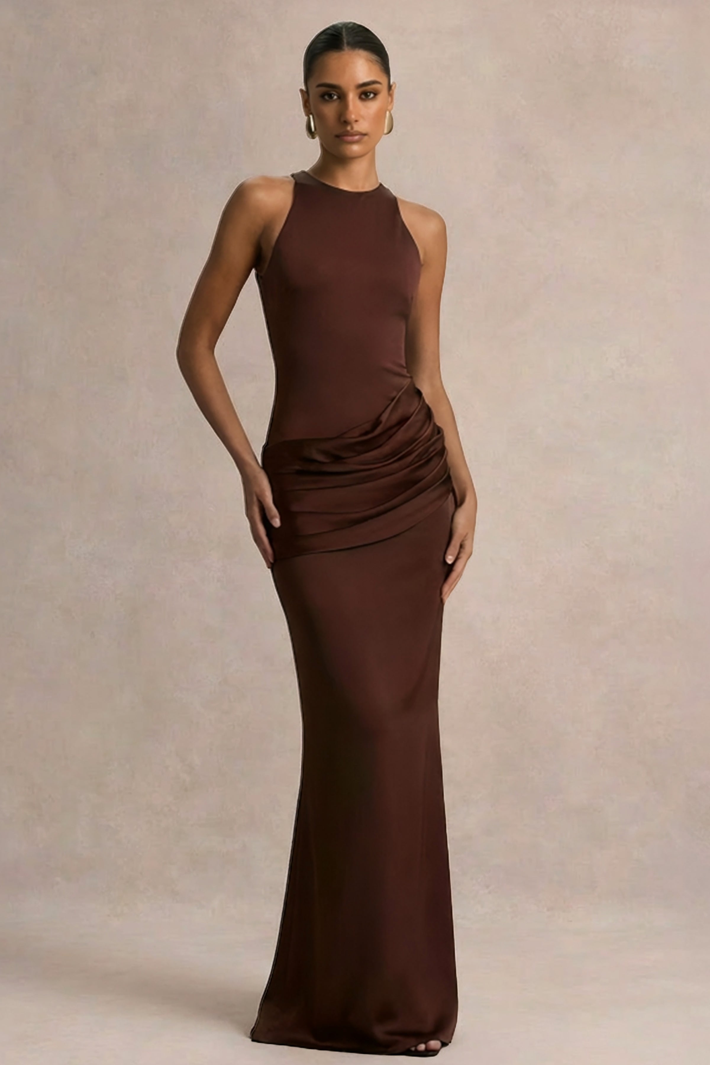 Akari | Brown Crew-Neck Maxi Dress With Satin Skirt-Sowoom
