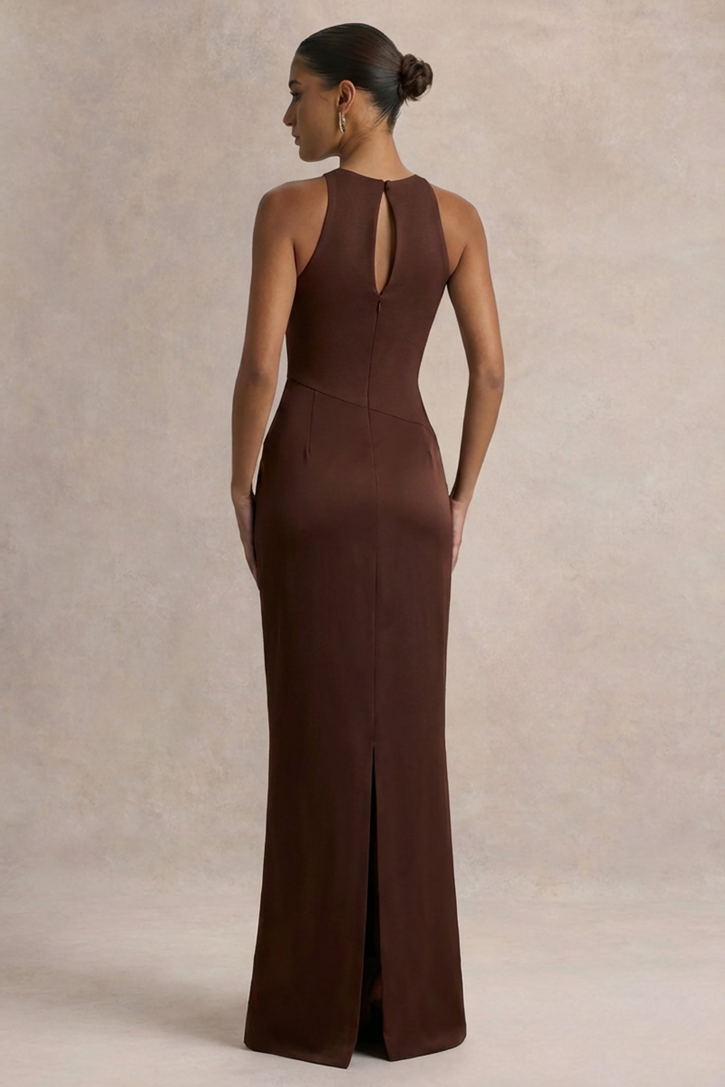 Akari | Brown Crew-Neck Maxi Dress With Satin Skirt-Sowoom