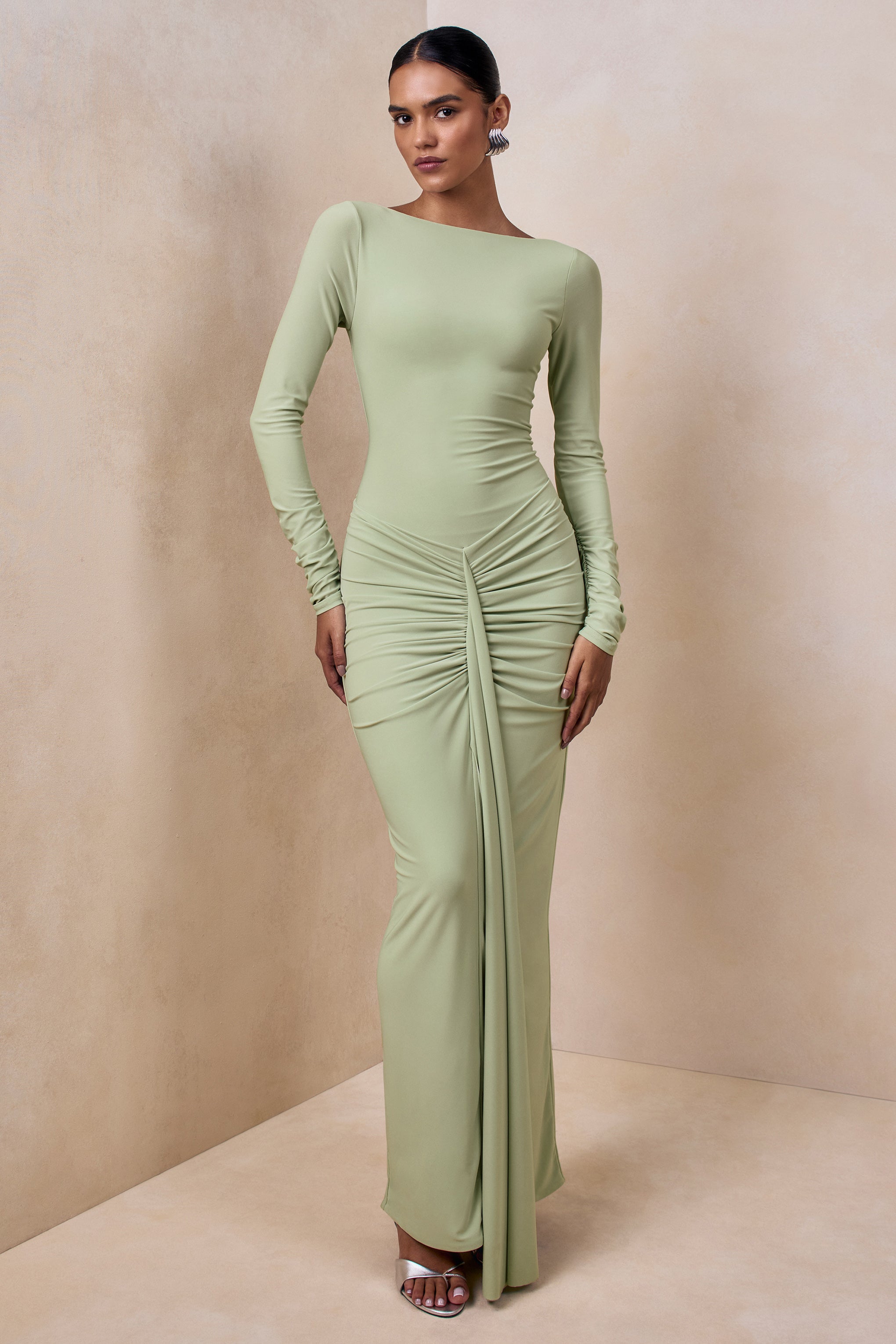 Matilda | Light Green Boat-Neck Maxi Dress With Ruched Detailing-Sowoom
