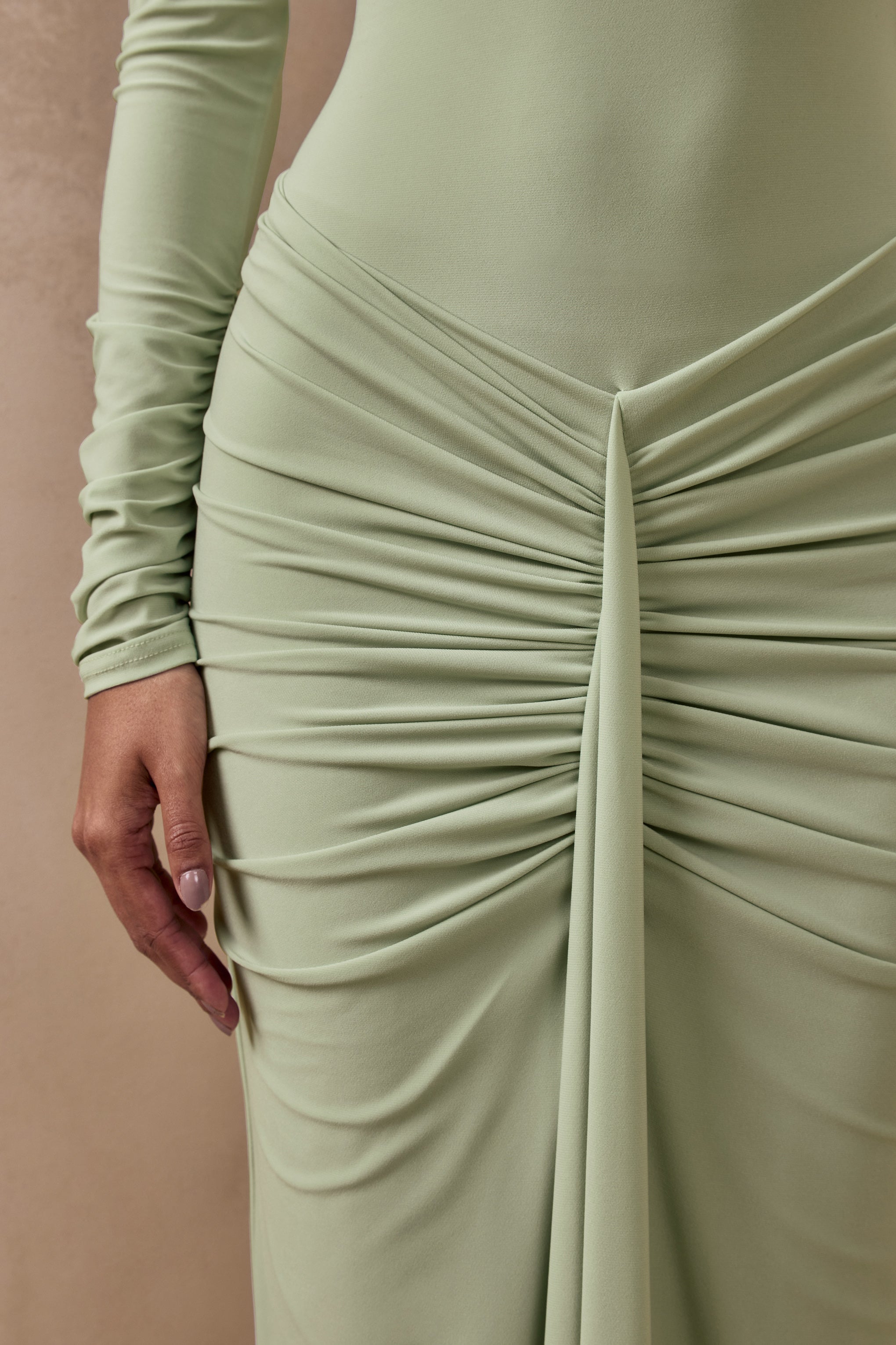Matilda | Light Green Boat-Neck Maxi Dress With Ruched Detailing-Sowoom