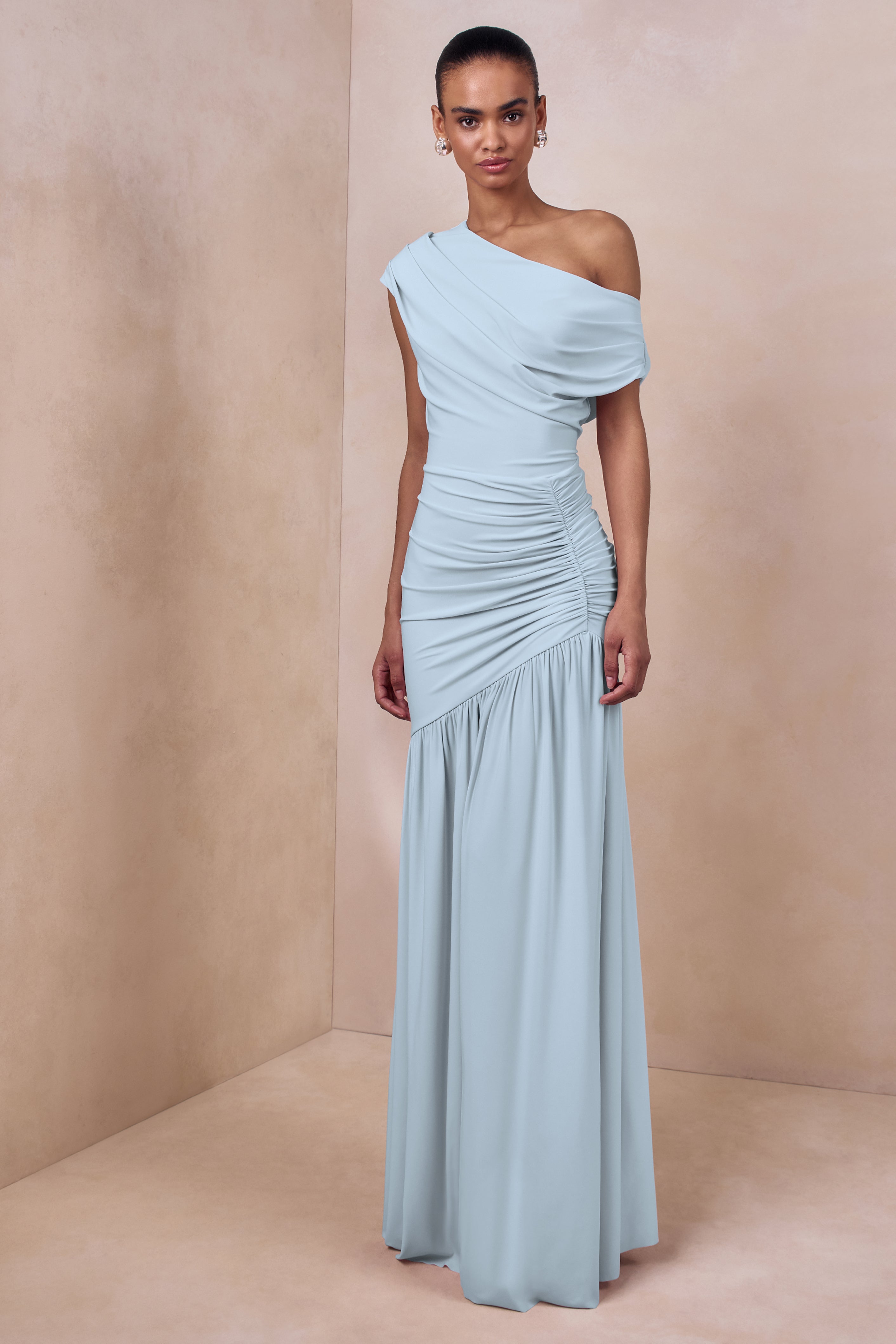 Kady | Powder Blue Asymmetric-Neck Maxi Dress With Ruched Detailing-Sowoom