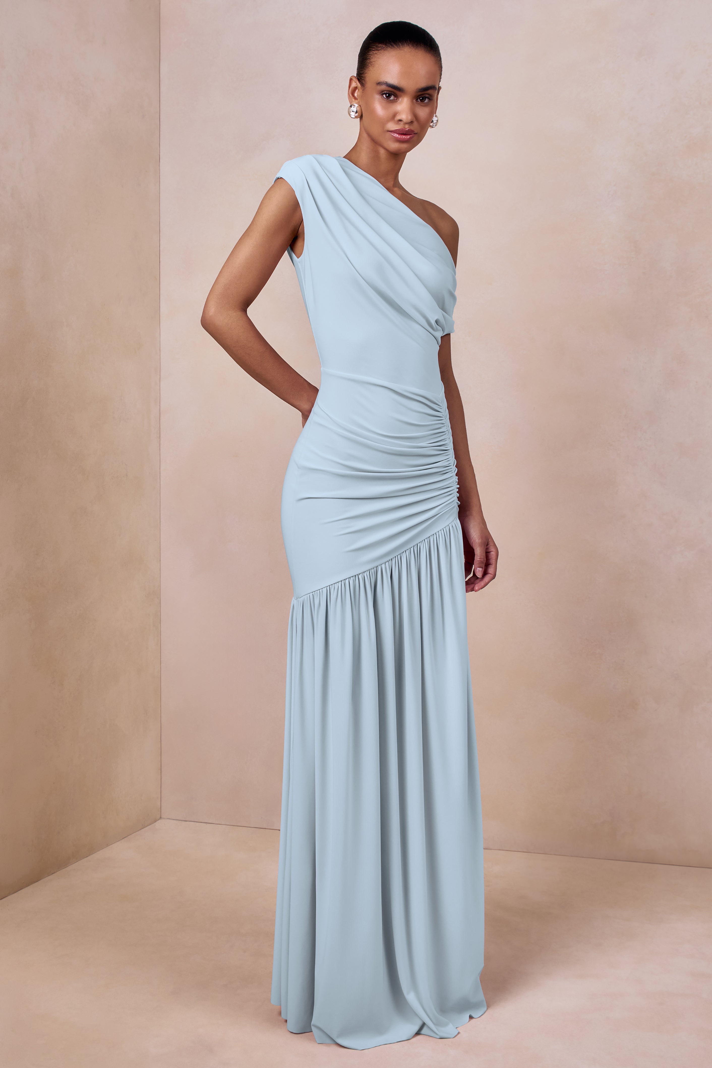 Kady | Powder Blue Asymmetric-Neck Maxi Dress With Ruched Detailing-Sowoom
